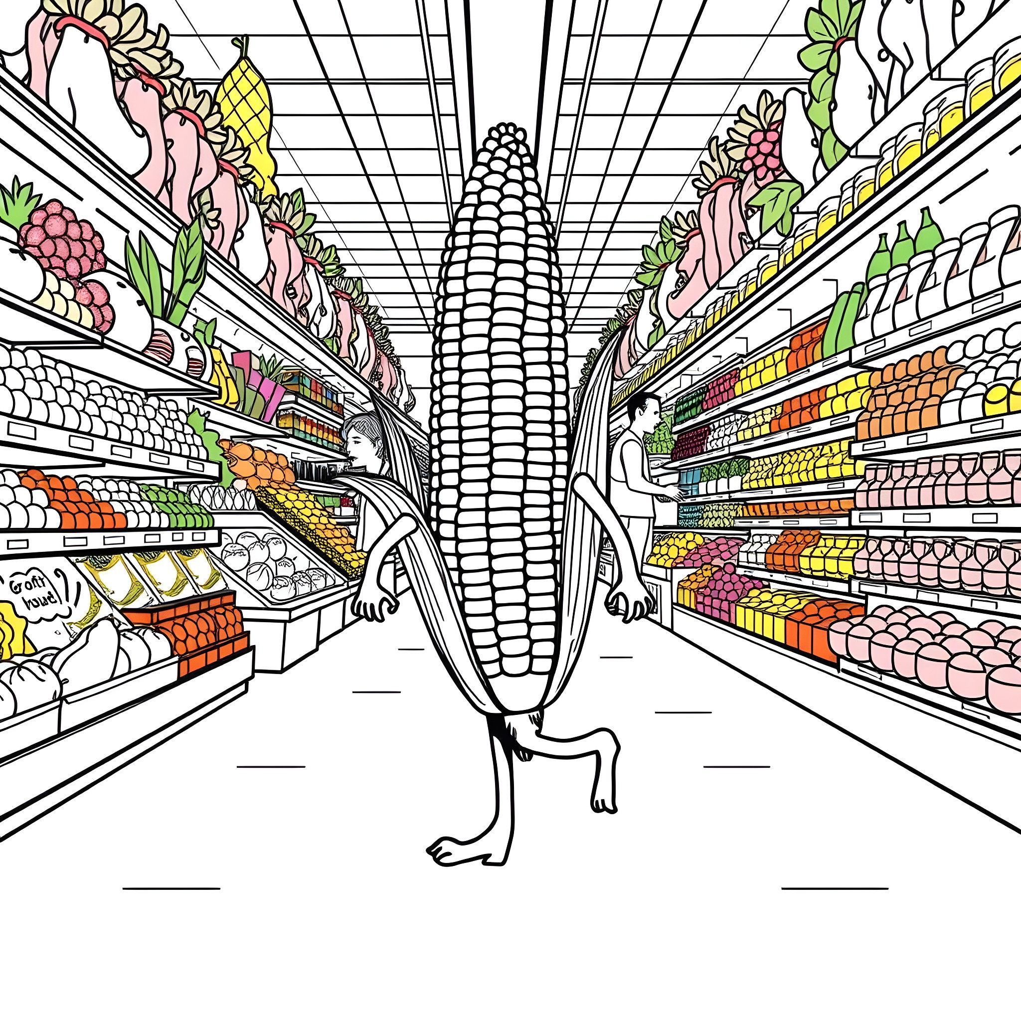 Corn Monster roaming the grocery store aisles Coloring Page (free black-and-white line drawing printable PDF for all, from beginners to advanced learners, including children, teens, adults, and seniors)