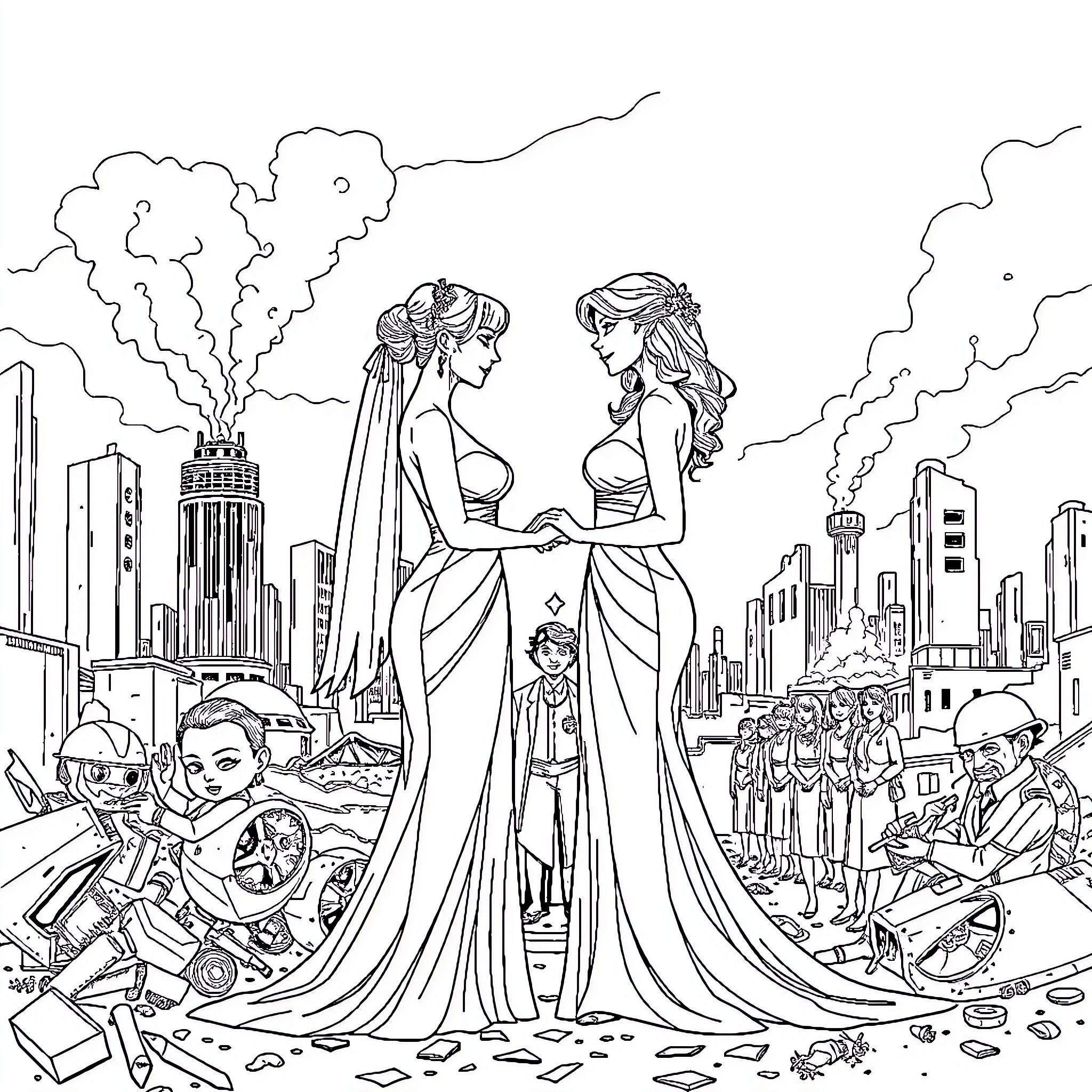 Lesbian couple in regal attire amid city ruins Coloring Page (free black-and-white line drawing printable PDF for all, from beginners to advanced learners, including children, teens, adults, and seniors)