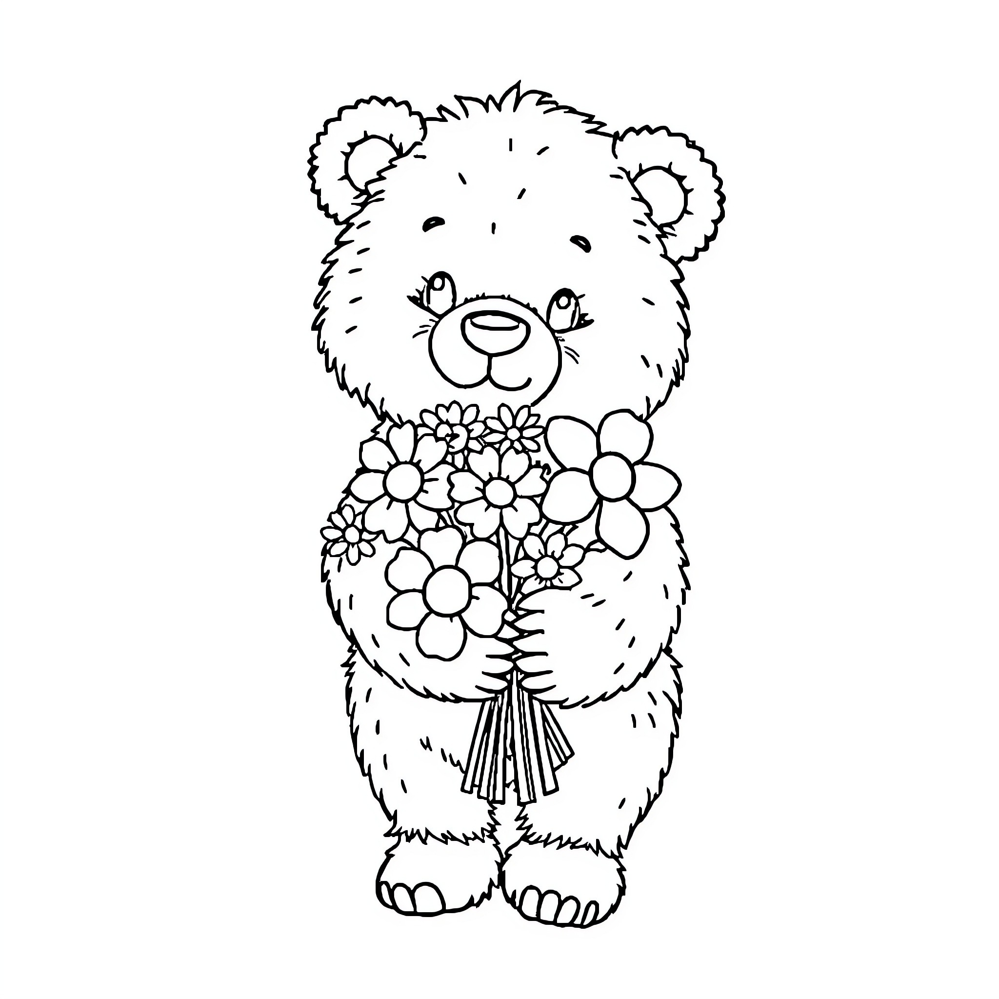 Bear holding a bouquet of flowers Coloring Page (free black-and-white line drawing printable PDF for all, from beginners to advanced learners, including children, teens, adults, and seniors)