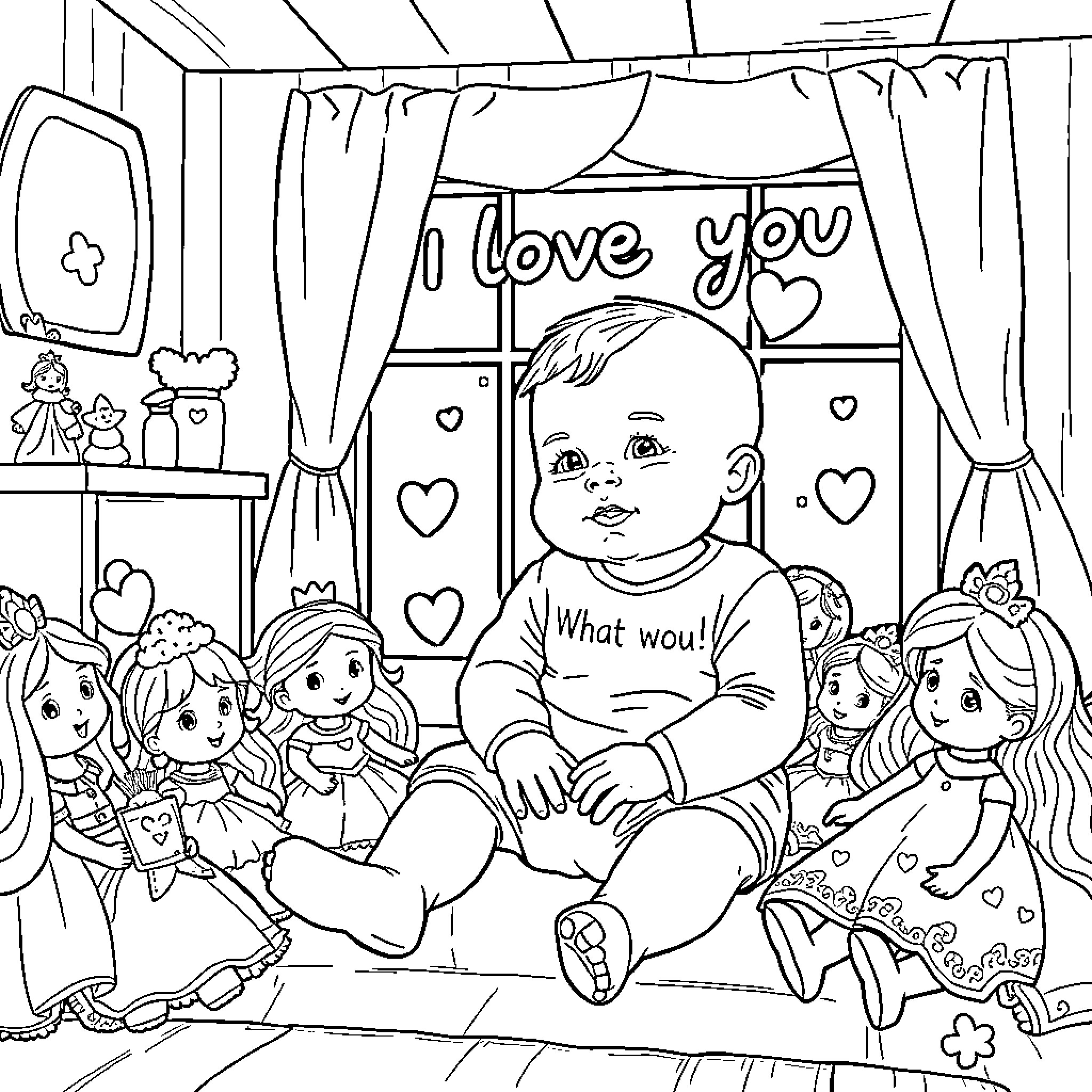 Baby surrounded by toys and hearts in a playful room Coloring Page (free black-and-white line drawing printable PDF for all, from beginners to advanced learners, including children, teens, adults, and seniors)