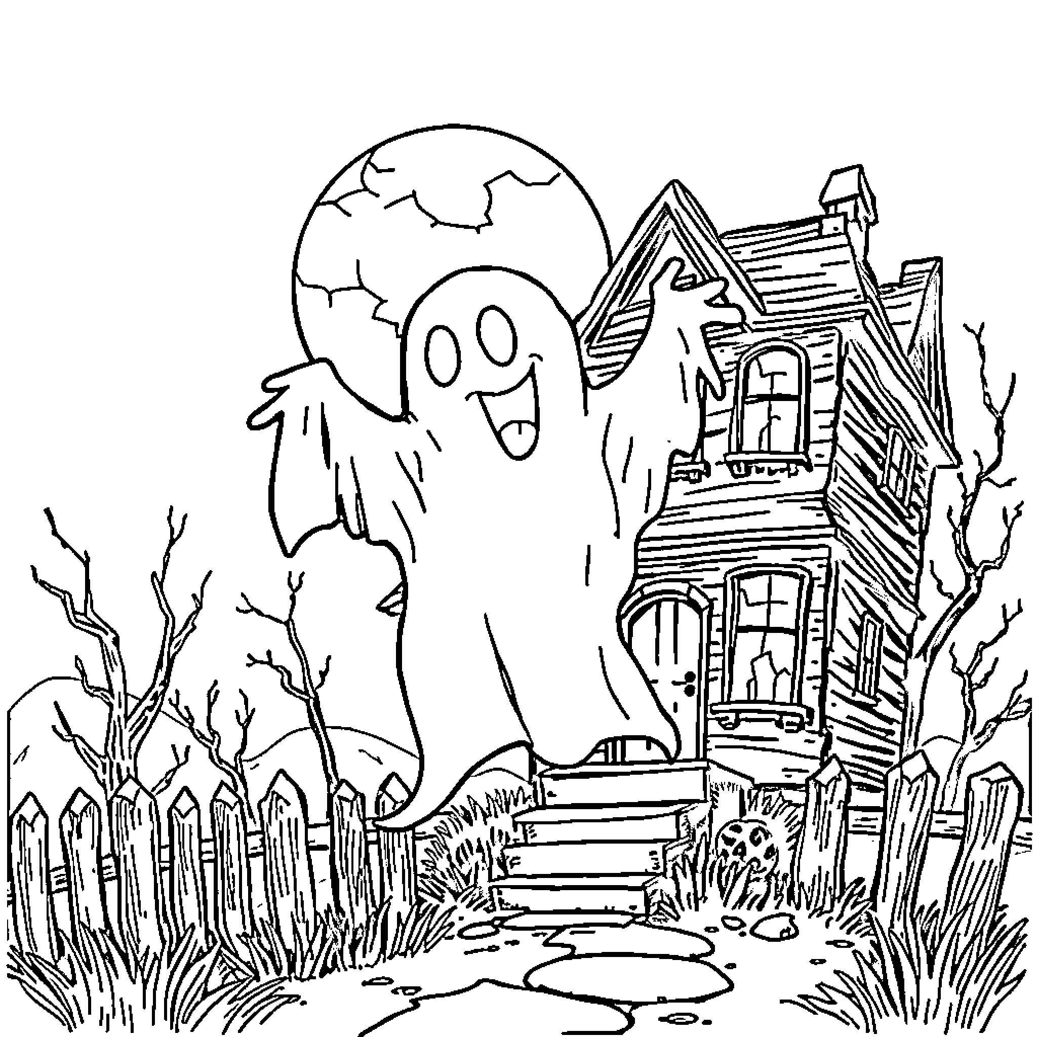 Ghost Haunting an Abandoned Spooky House Coloring Page (free black-and-white line drawing printable PDF for all, from beginners to advanced learners, including children, teens, adults, and seniors)