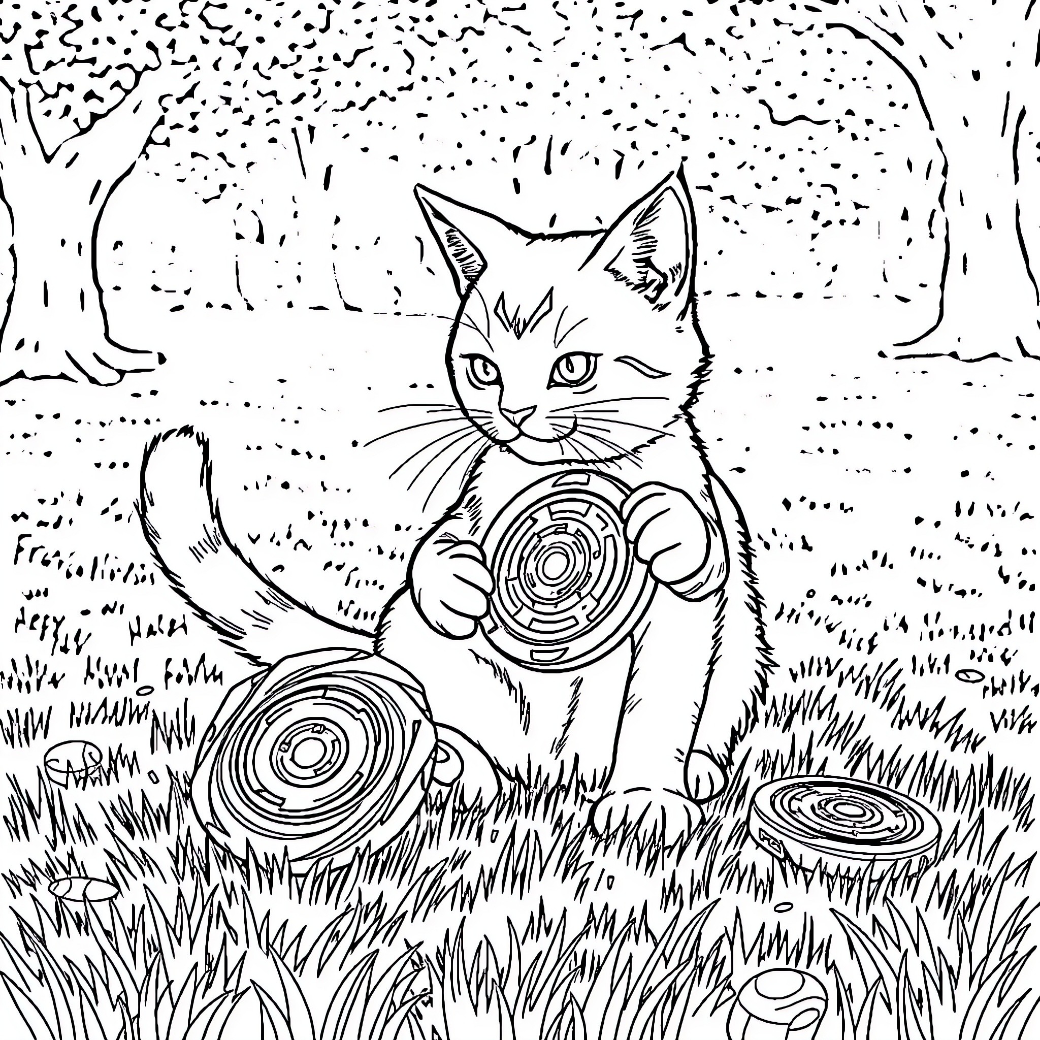 Cat exploring the forest Coloring Page (free black-and-white line drawing printable PDF for all, from beginners to advanced learners, including children, teens, adults, and seniors)