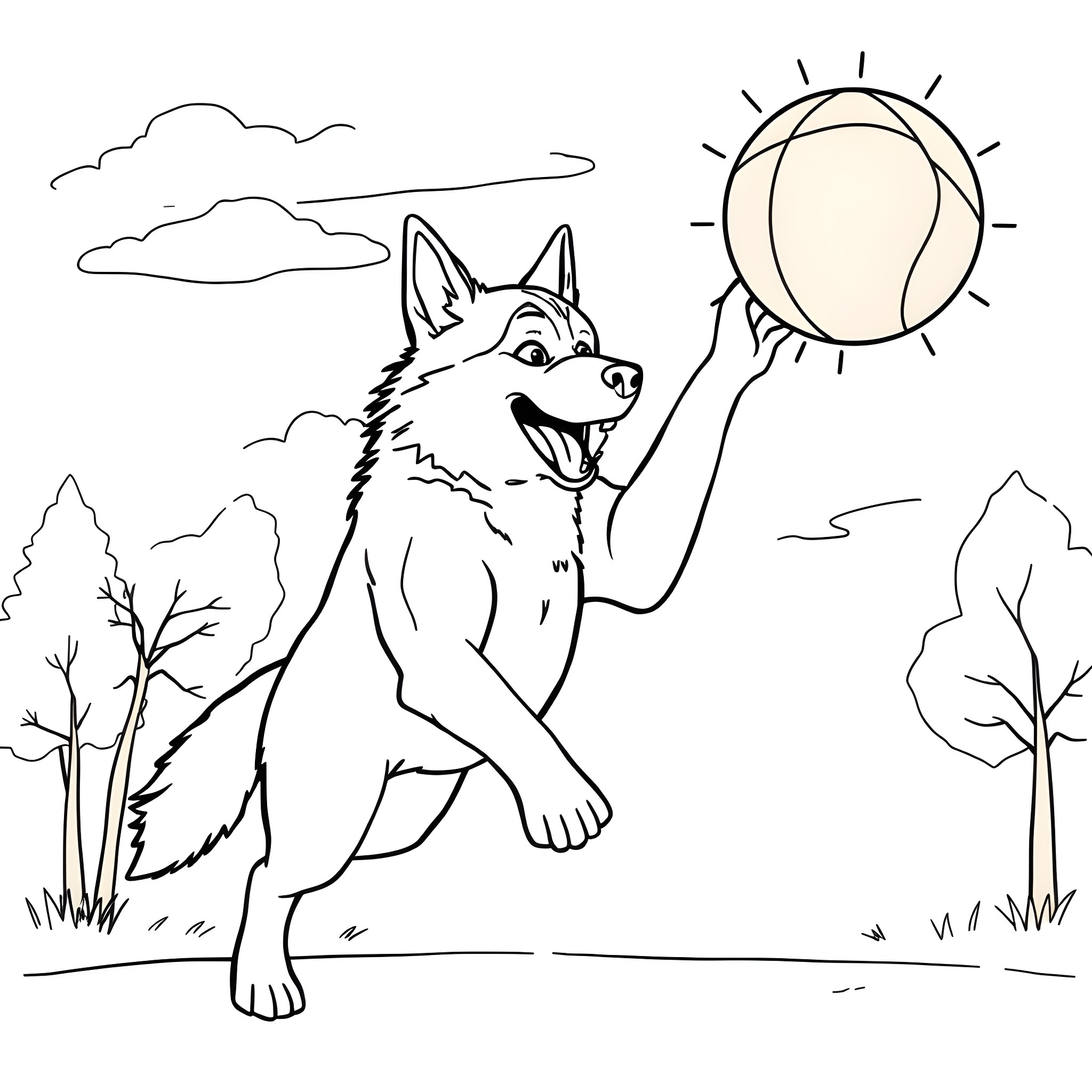 Husky playing happily in the sun Coloring Page (free black-and-white line drawing printable PDF for all, from beginners to advanced learners, including children, teens, adults, and seniors)