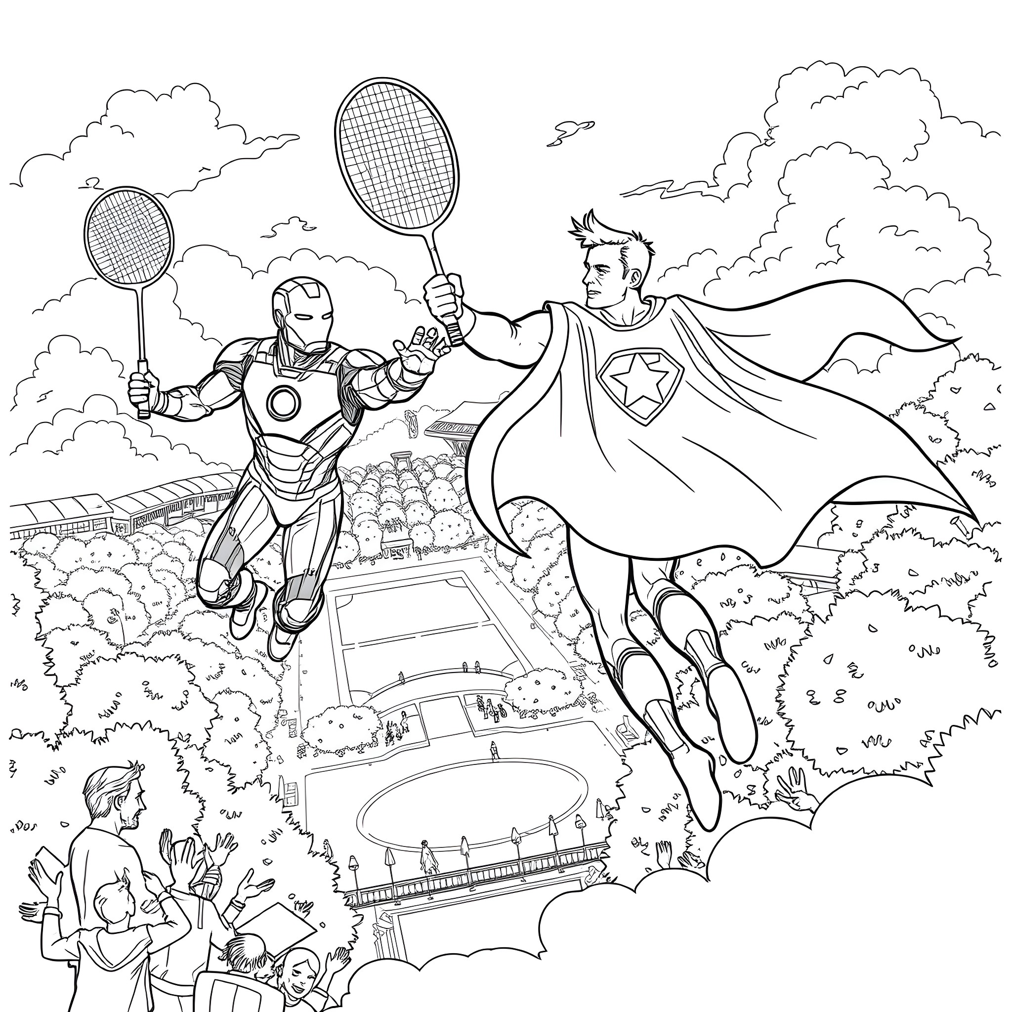 Iron Man and Superhero battling with tennis rackets Coloring Page (free black-and-white line drawing printable PDF for all, from beginners to advanced learners, including children, teens, adults, and seniors)