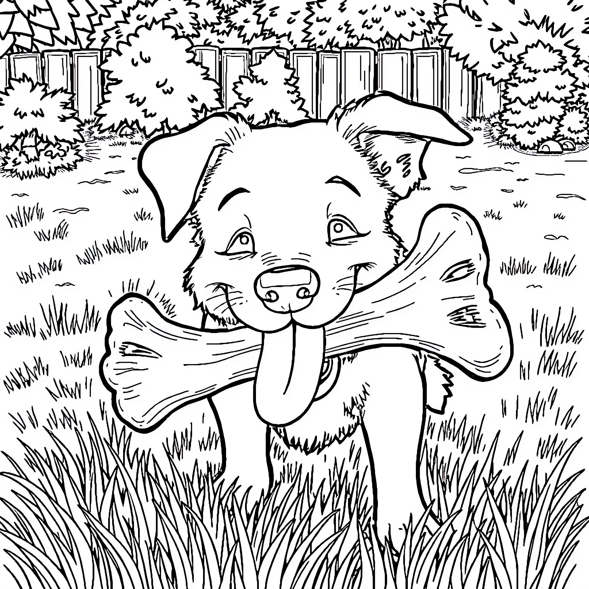 Dog playing happily with a bone in the park Coloring Page (free black-and-white line drawing printable PDF for all, from beginners to advanced learners, including children, teens, adults, and seniors)