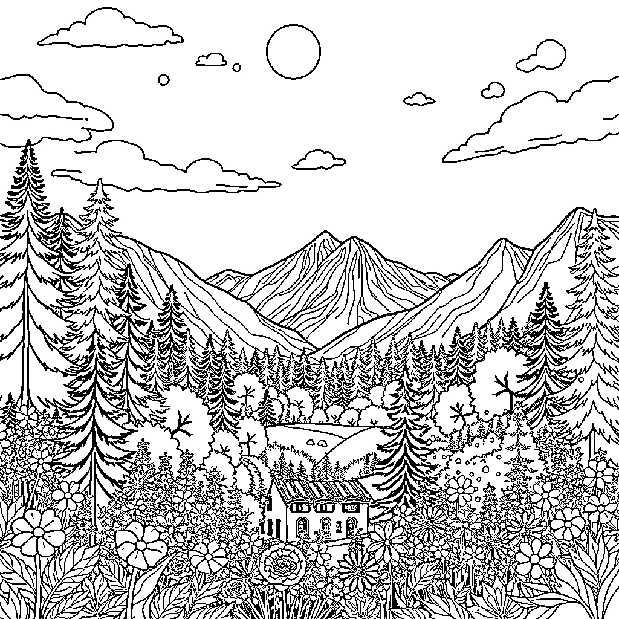 Nature's Serene Mountain Landscape Coloring Page (free black-and-white line drawing printable PDF for all, from beginners to advanced learners, including children, teens, adults, and seniors)