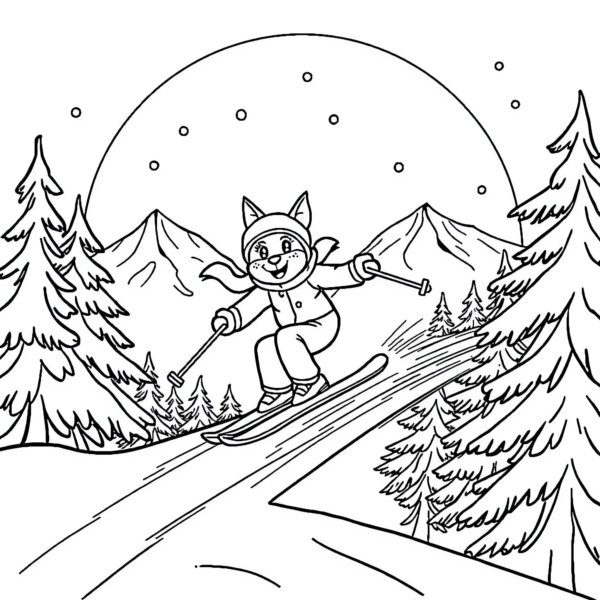 Tatzi skiing down the snowy mountain Coloring Page (free black-and-white line drawing printable PDF for all, from beginners to advanced learners, including children, teens, adults, and seniors)