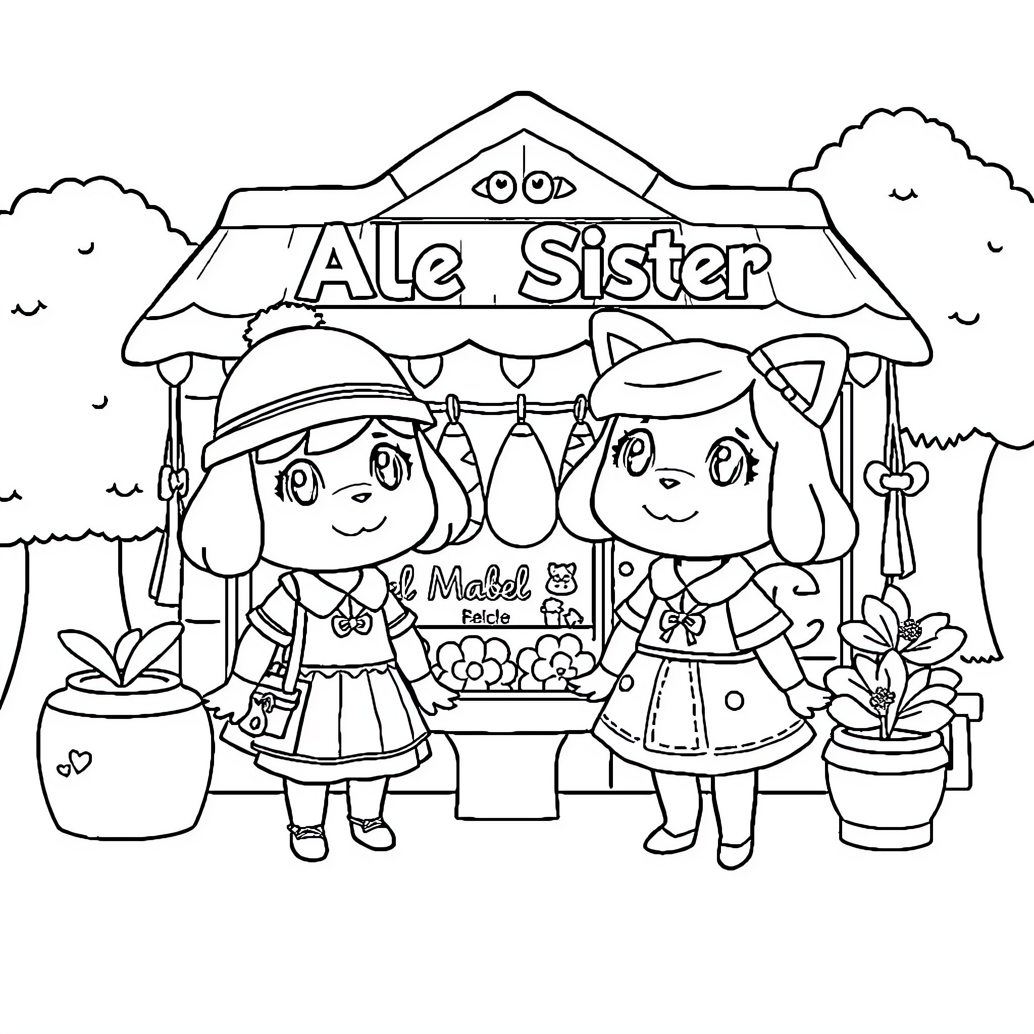 Able Sisters running their shop outdoors Coloring Page (free black-and-white line drawing printable PDF for all, from beginners to advanced learners, including children, teens, adults, and seniors)