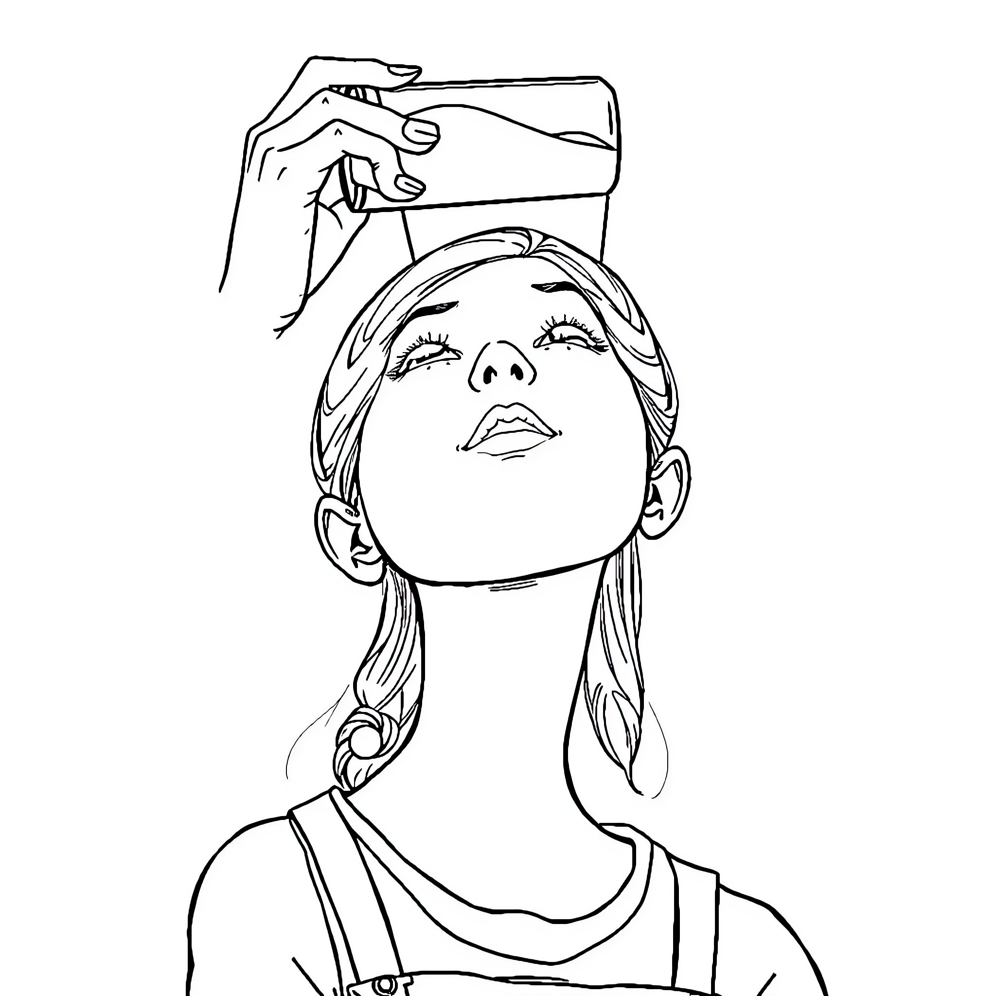 Girl taking a photo with a camera Coloring Page (free black-and-white line drawing printable PDF for all, from beginners to advanced learners, including children, teens, adults, and seniors)