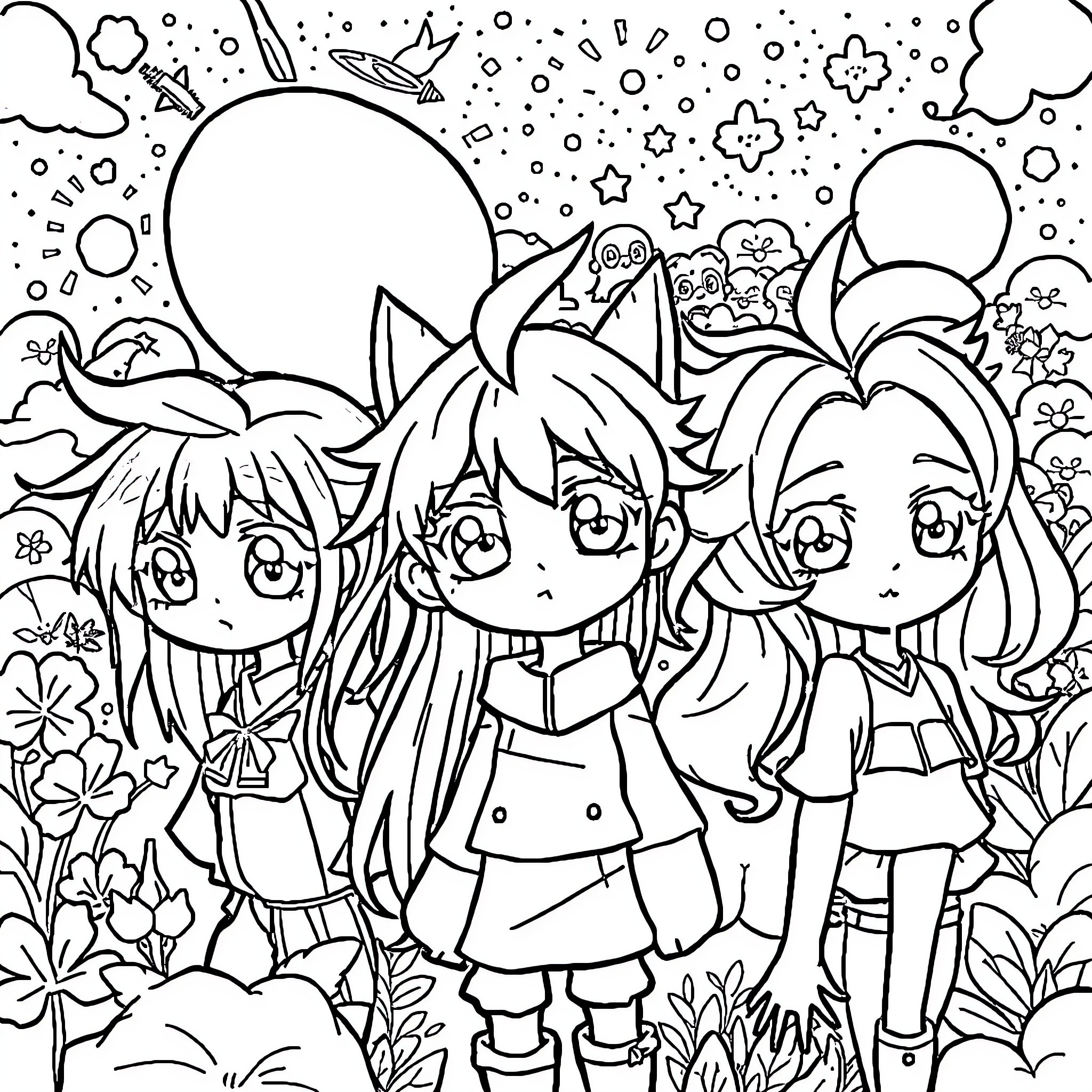 Anime Girls Exploring Whimsical Floral Landscape Coloring Page (free black-and-white line drawing printable PDF for all, from beginners to advanced learners, including children, teens, adults, and seniors)