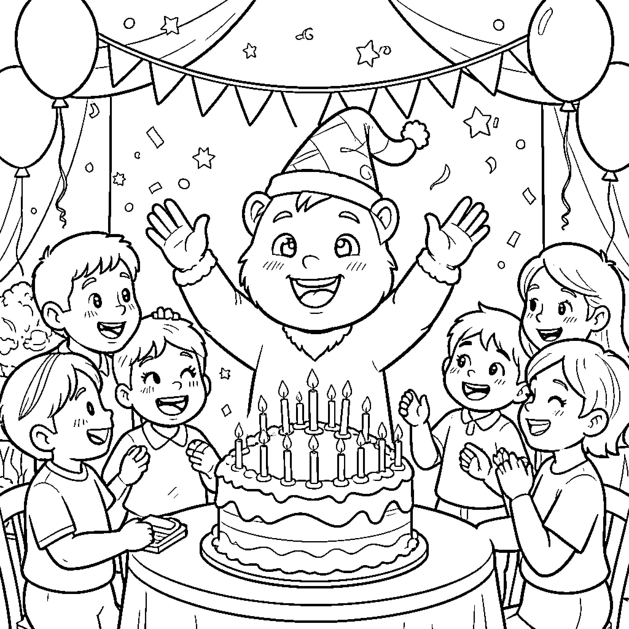 Cinnamon celebrating a birthday with friends and cake Coloring Page (free black-and-white line drawing printable PDF for all, from beginners to advanced learners, including children, teens, adults, and seniors)