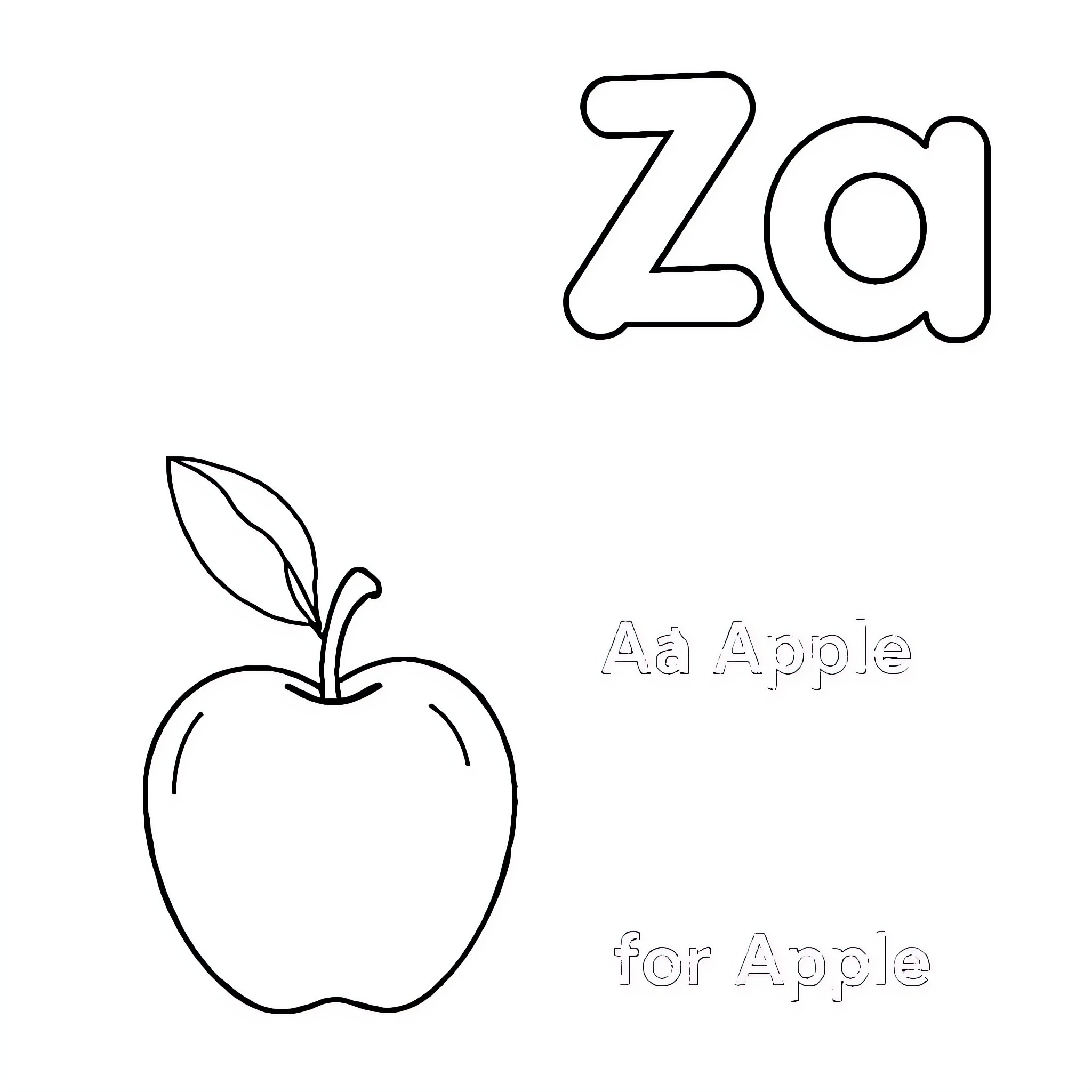 Alphabet of actions and objects for Apple Coloring Page (free black-and-white line drawing printable PDF for all, from beginners to advanced learners, including children, teens, adults, and seniors)