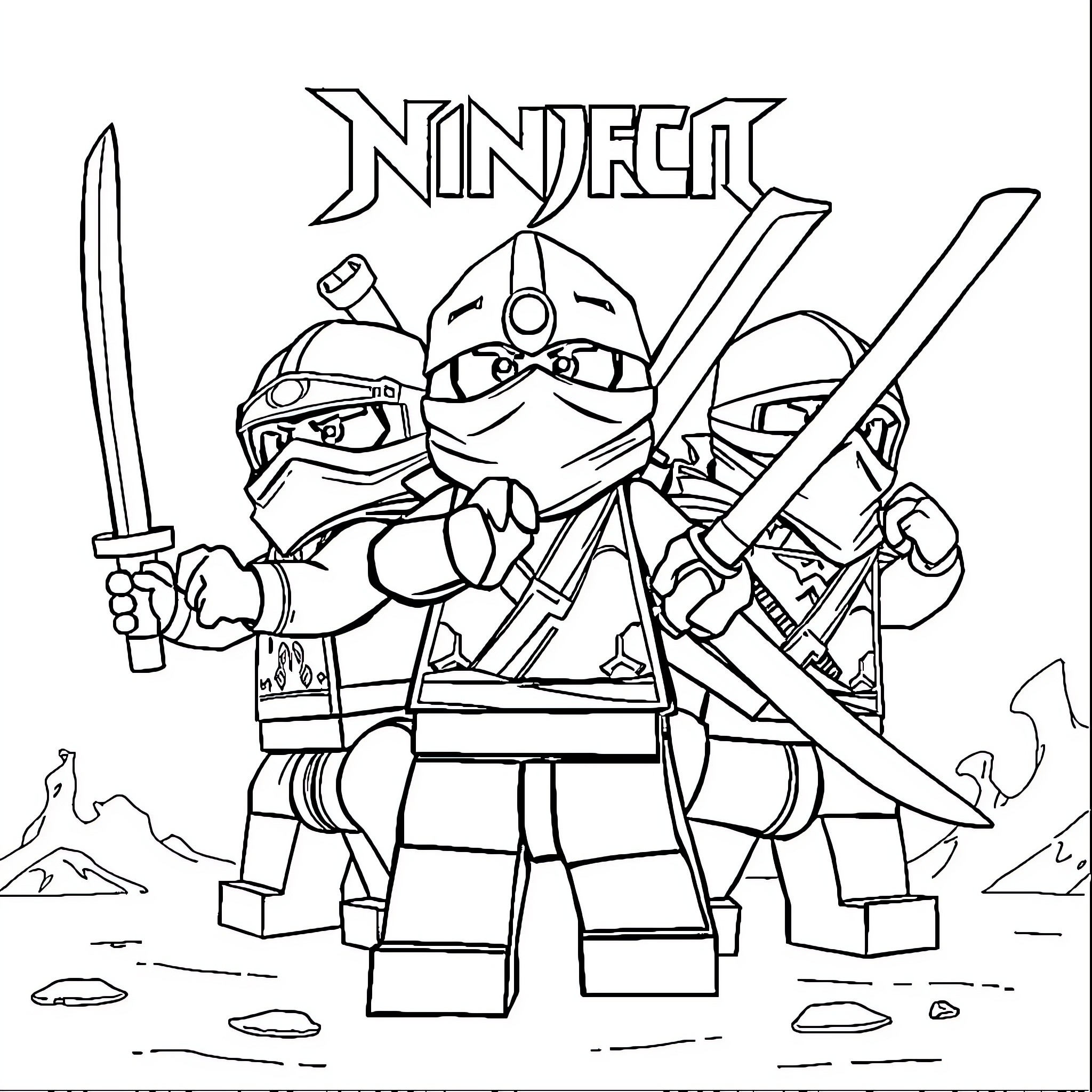 Ninjago warriors in action posing with weapons Coloring Page (free black-and-white line drawing printable PDF for all, from beginners to advanced learners, including children, teens, adults, and seniors)