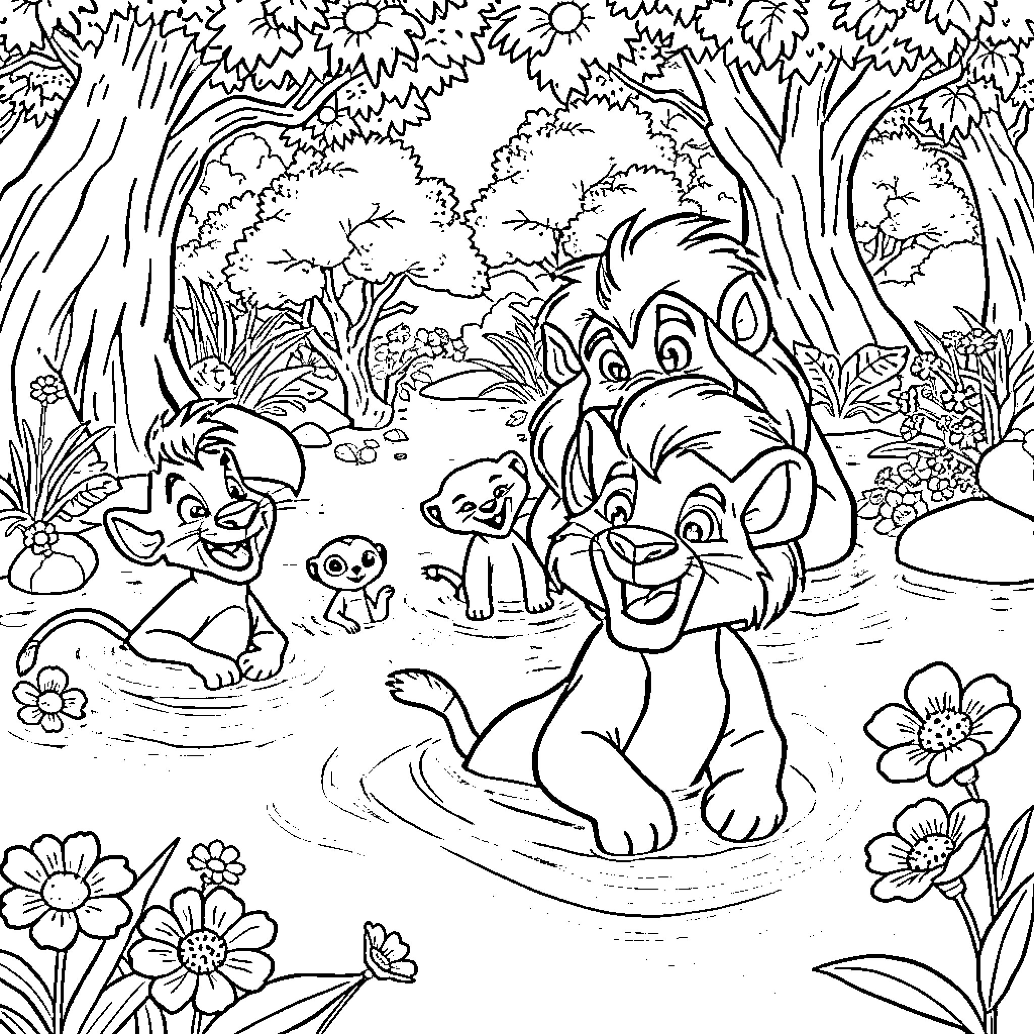 Simba and friends explore the colorful jungle Coloring Page (free black-and-white line drawing printable PDF for all, from beginners to advanced learners, including children, teens, adults, and seniors)