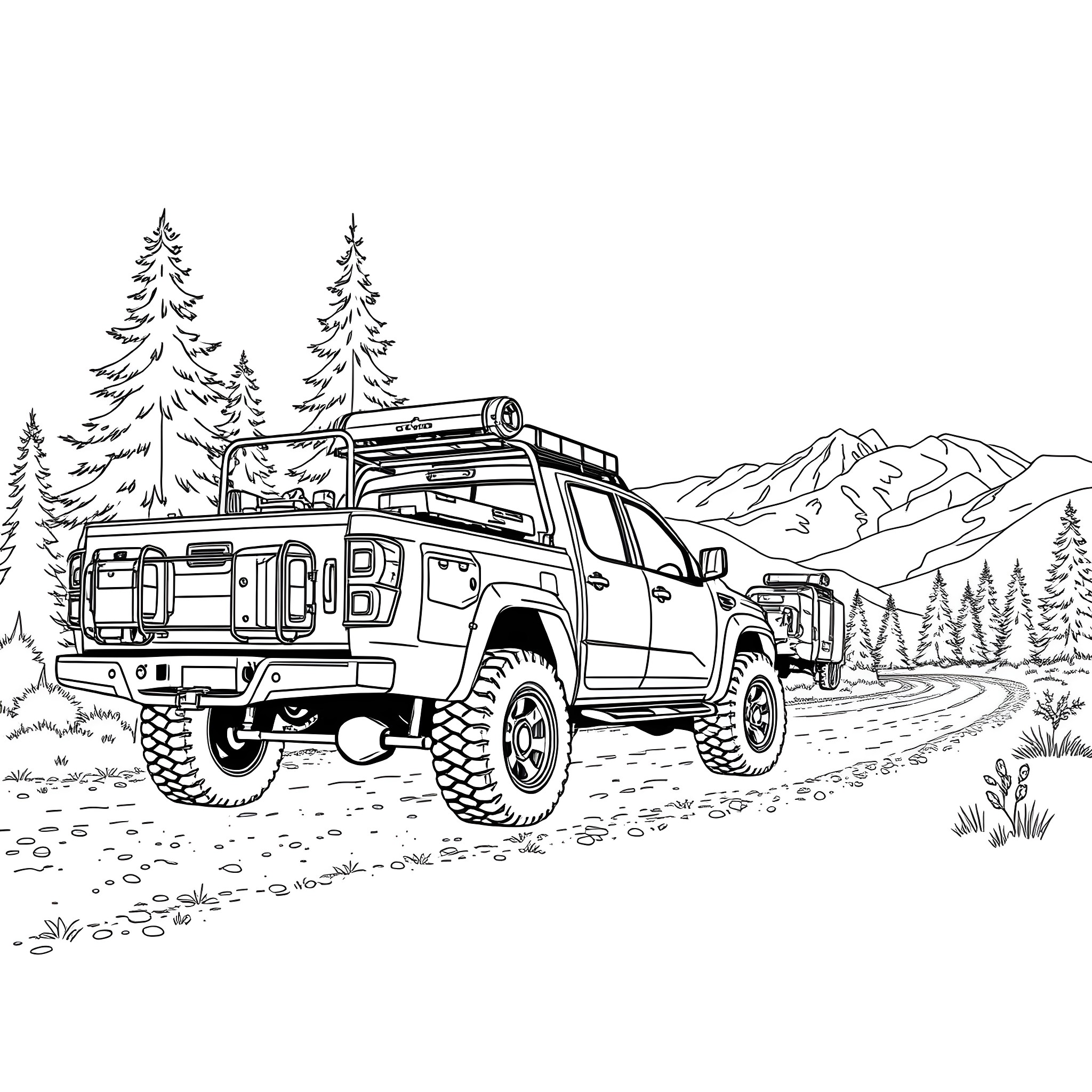 Pick Up Truck Exploring Mountain Wilderness Coloring Page (free black-and-white line drawing printable PDF for all, from beginners to advanced learners, including children, teens, adults, and seniors)
