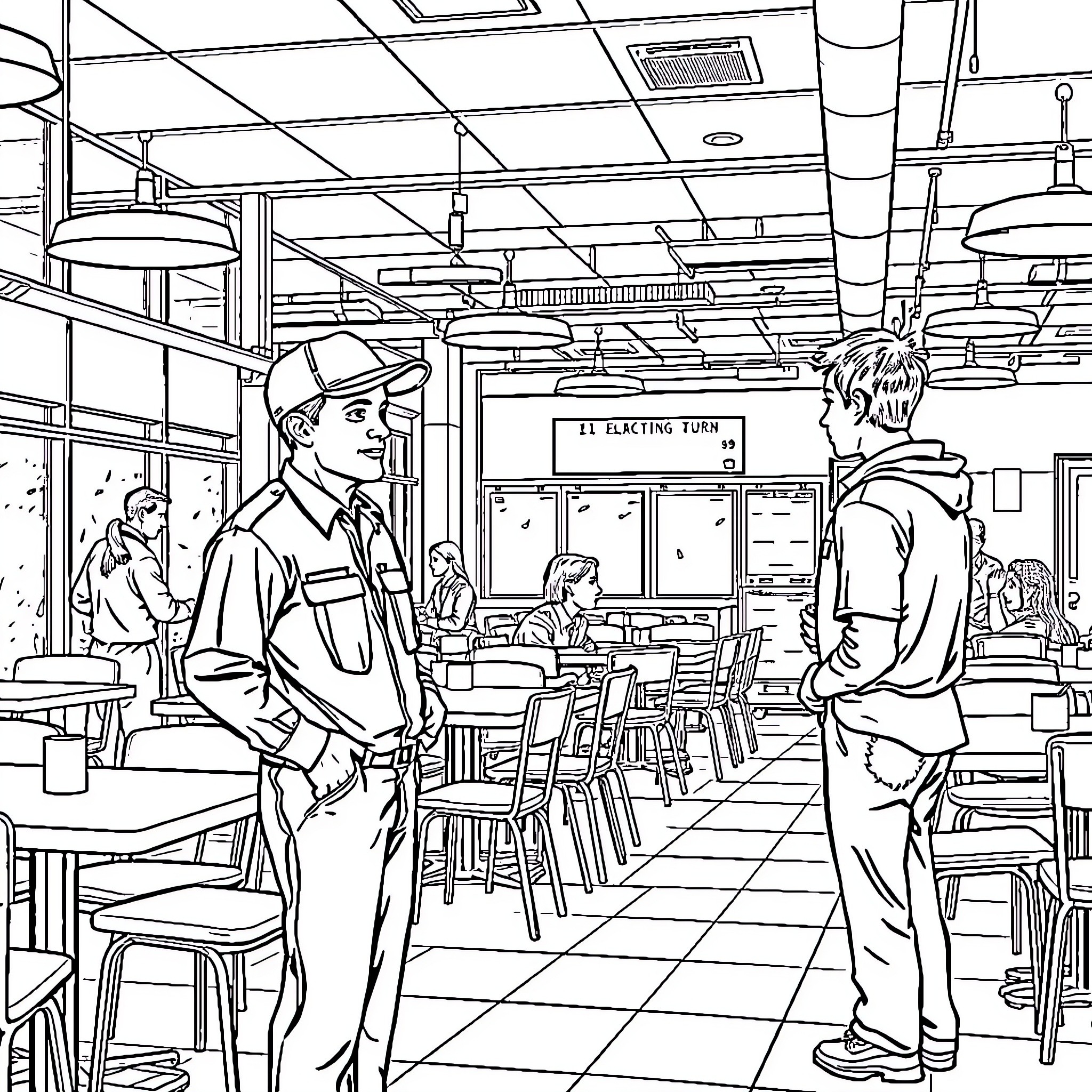 Clerk assisting customers in a cafe setting Coloring Page (free black-and-white line drawing printable PDF for all, from beginners to advanced learners, including children, teens, adults, and seniors)