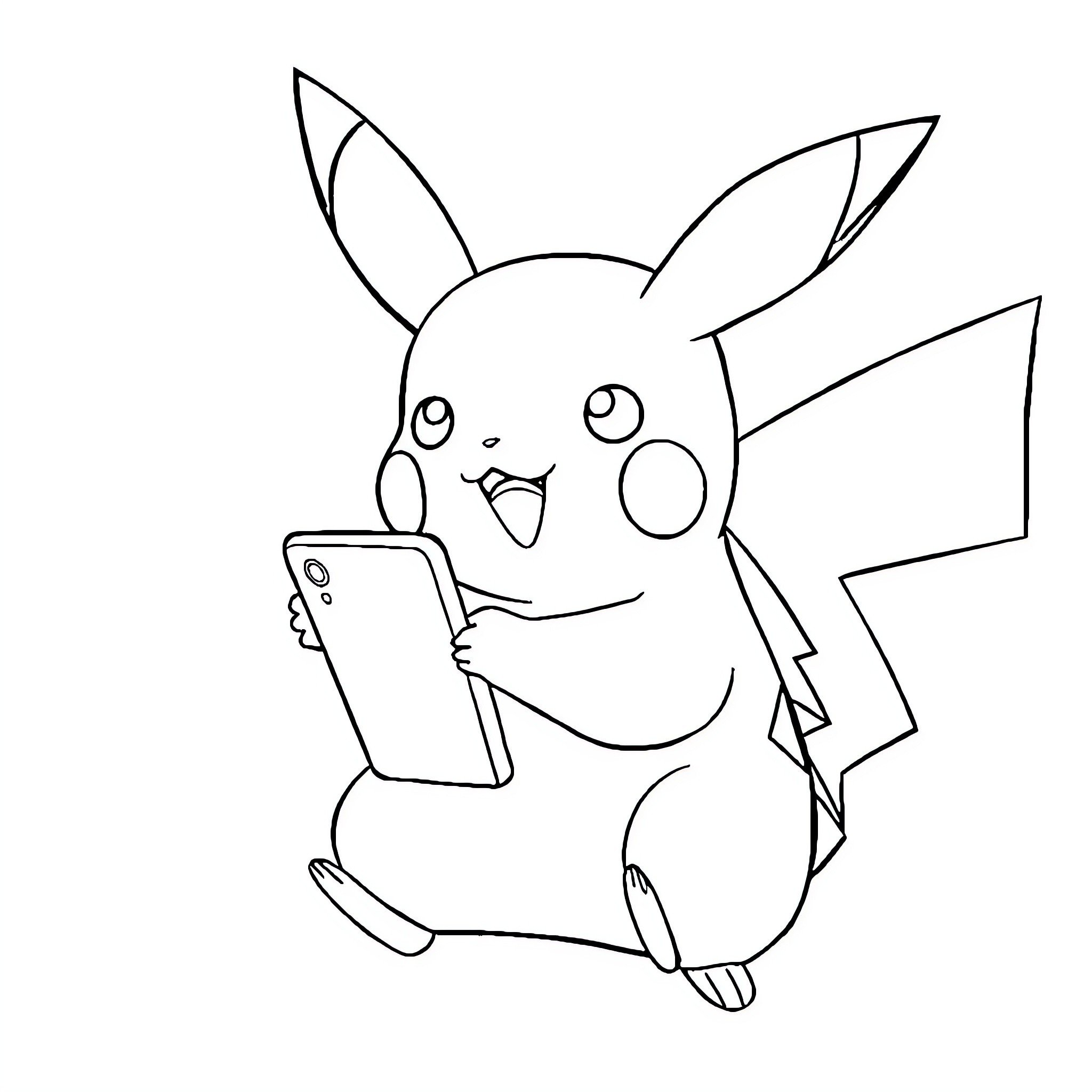 Pikachu taking a selfie with smartphone Coloring Page (free black-and-white line drawing printable PDF for all, from beginners to advanced learners, including children, teens, adults, and seniors)