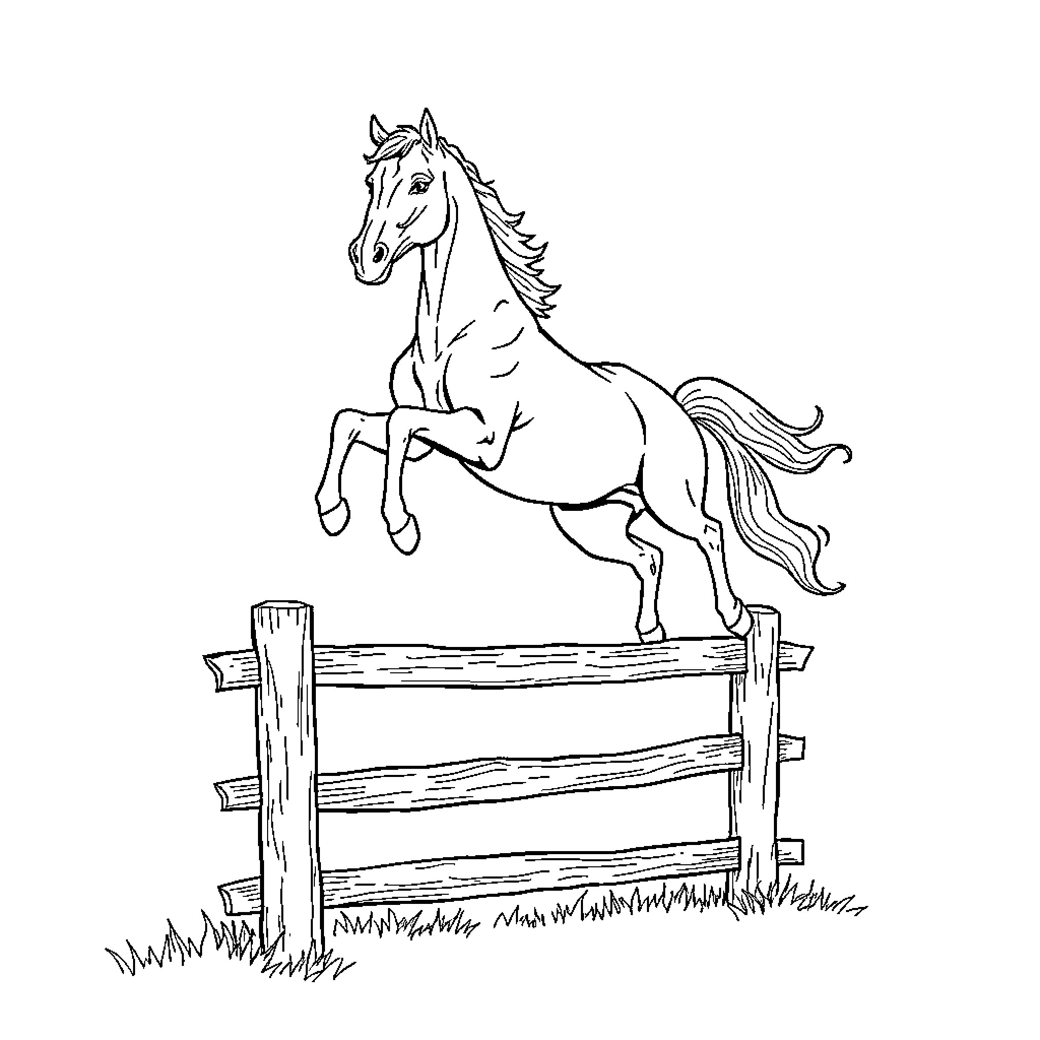Horse leaping over a wooden fence Coloring Page (free black-and-white line drawing printable PDF for all, from beginners to advanced learners, including children, teens, adults, and seniors)