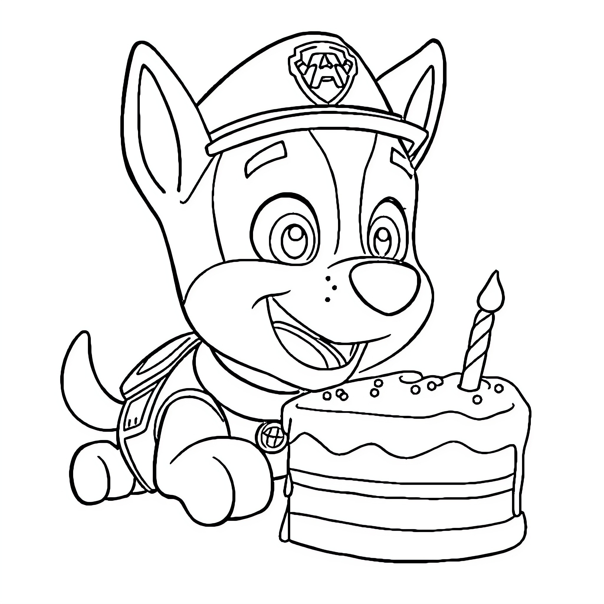 Chase the Pup's Birthday Celebration Coloring Page (free black-and-white line drawing printable PDF for all, from beginners to advanced learners, including children, teens, adults, and seniors)