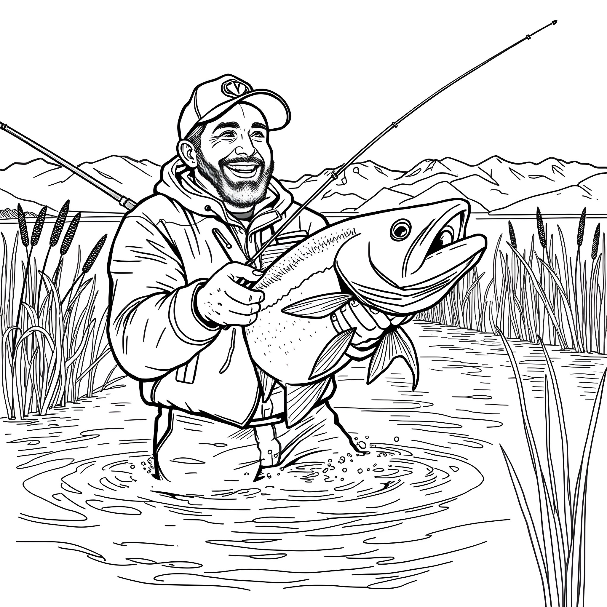 Hank's Triumphant Catch in the Mountain Stream Coloring Page (free black-and-white line drawing printable PDF for all, from beginners to advanced learners, including children, teens, adults, and seniors)