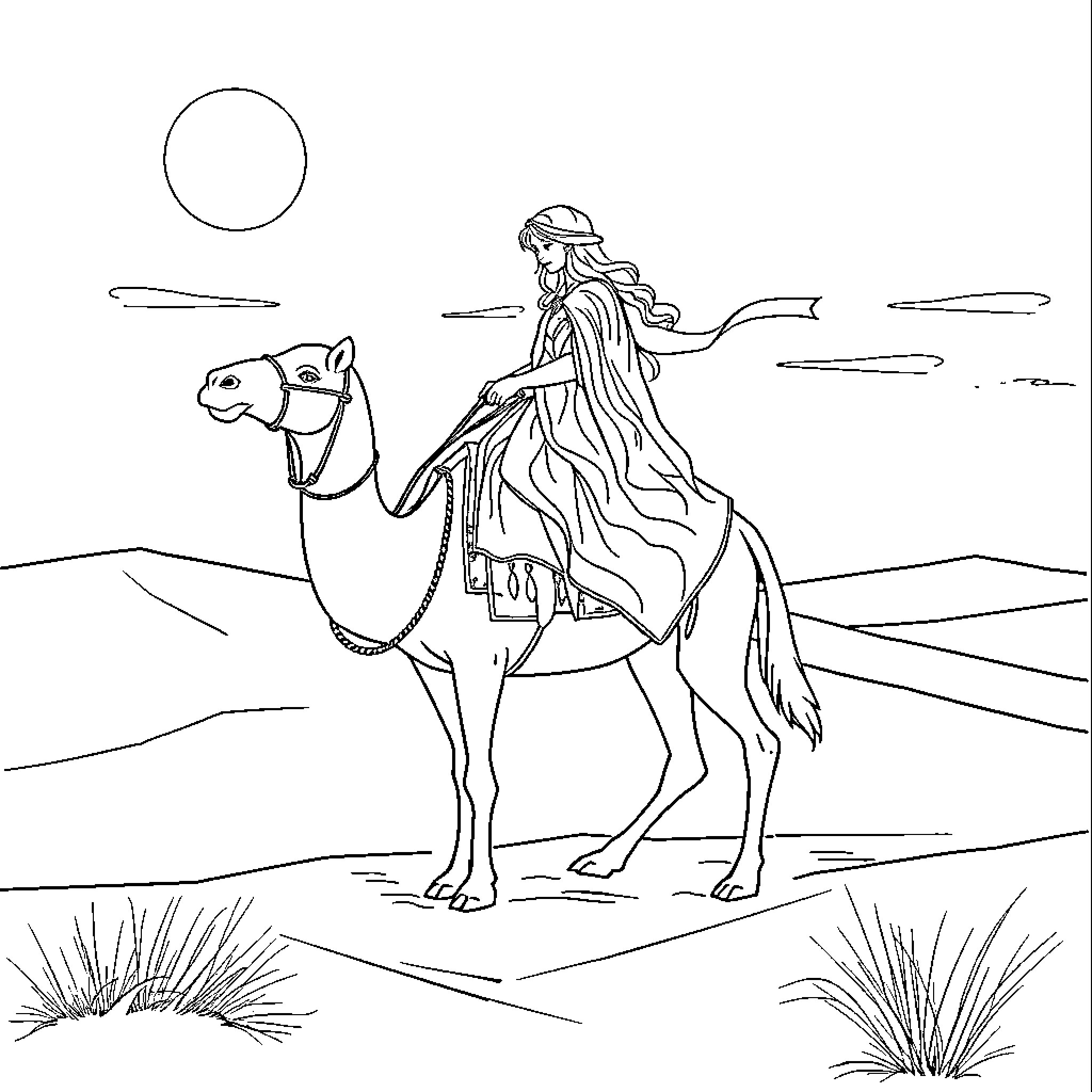 Snow Queen's Journey Through the Desert Coloring Page (free black-and-white line drawing printable PDF for all, from beginners to advanced learners, including children, teens, adults, and seniors)