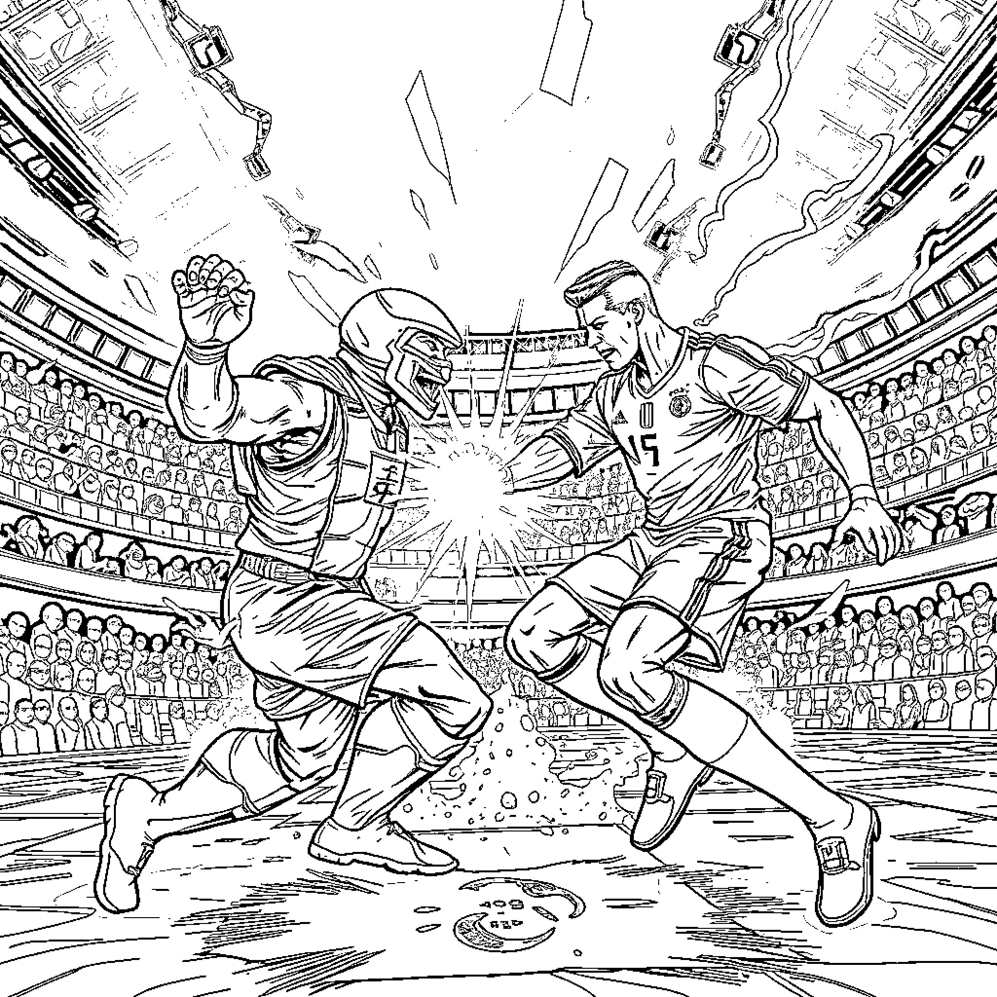 Scorpion wrestlers battling fiercely in the arena Coloring Page (free black-and-white line drawing printable PDF for all, from beginners to advanced learners, including children, teens, adults, and seniors)
