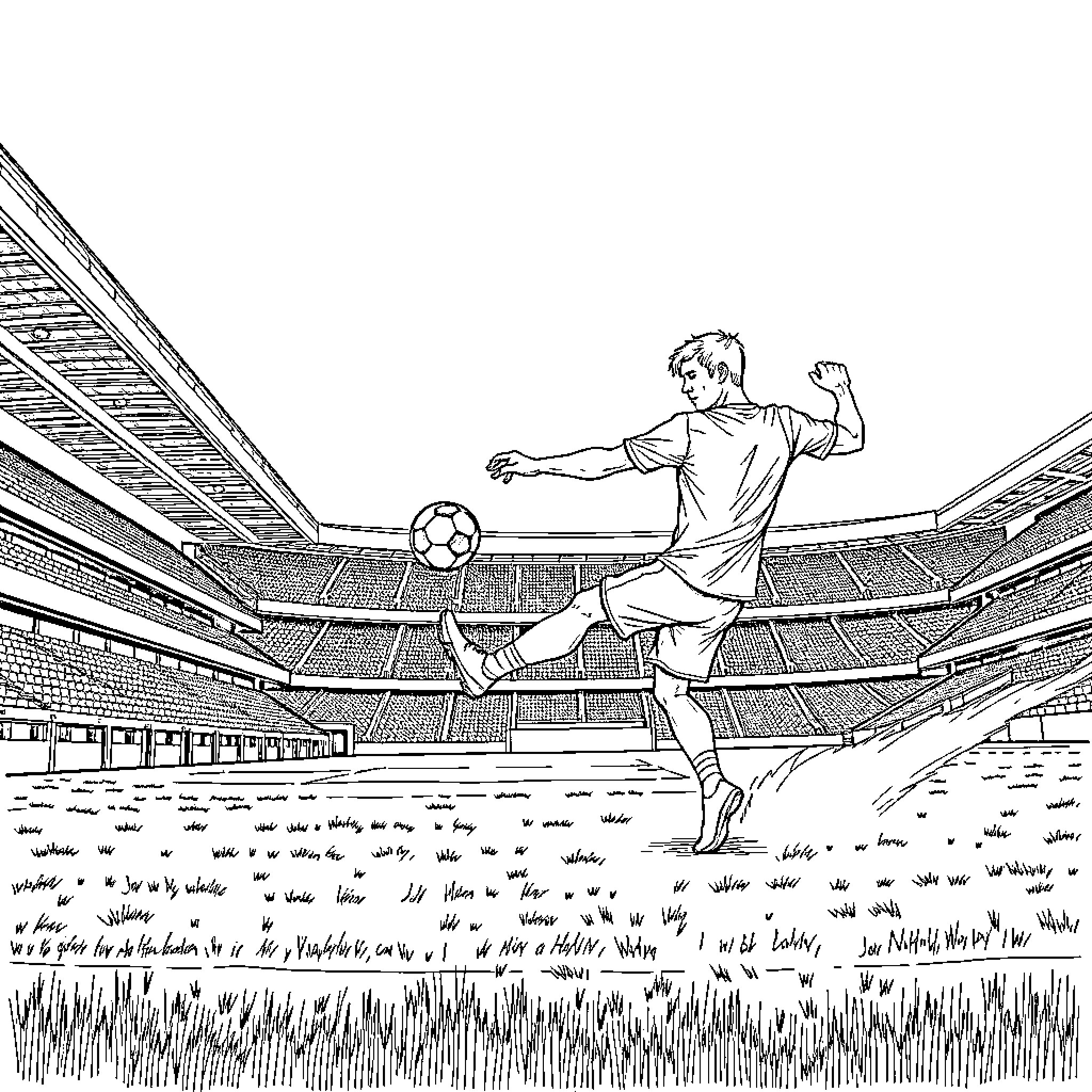 Soccer Player Kicking Ball on Stadium Field Coloring Page (free black-and-white line drawing printable PDF for all, from beginners to advanced learners, including children, teens, adults, and seniors)