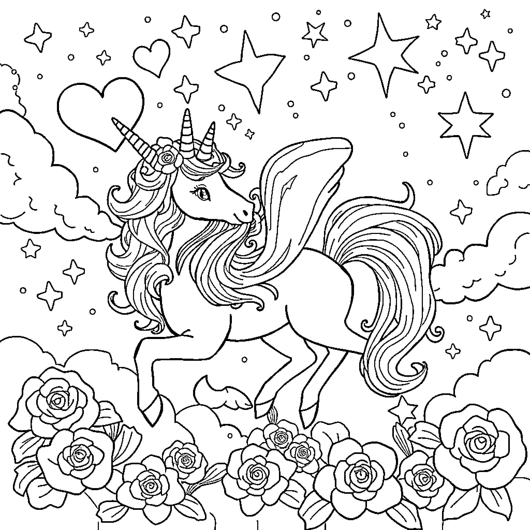 Licorne's Whimsical Dance Amidst the Starry Sky Coloring Page (free black-and-white line drawing printable PDF for all, from beginners to advanced learners, including children, teens, adults, and seniors)