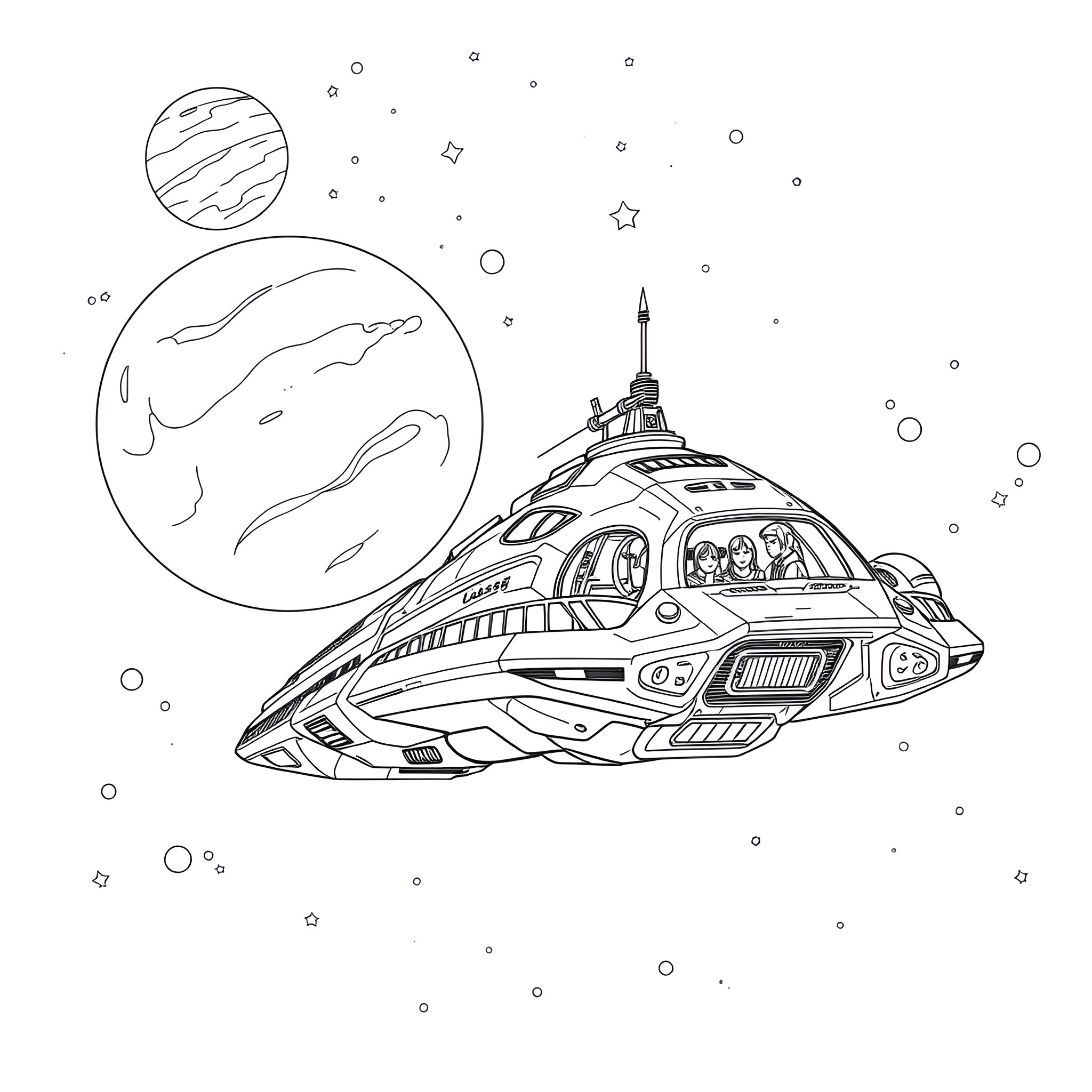 Star Trek Futuristic Spacecraft Exploring the Galaxy Coloring Page (free black-and-white line drawing printable PDF for all, from beginners to advanced learners, including children, teens, adults, and seniors)