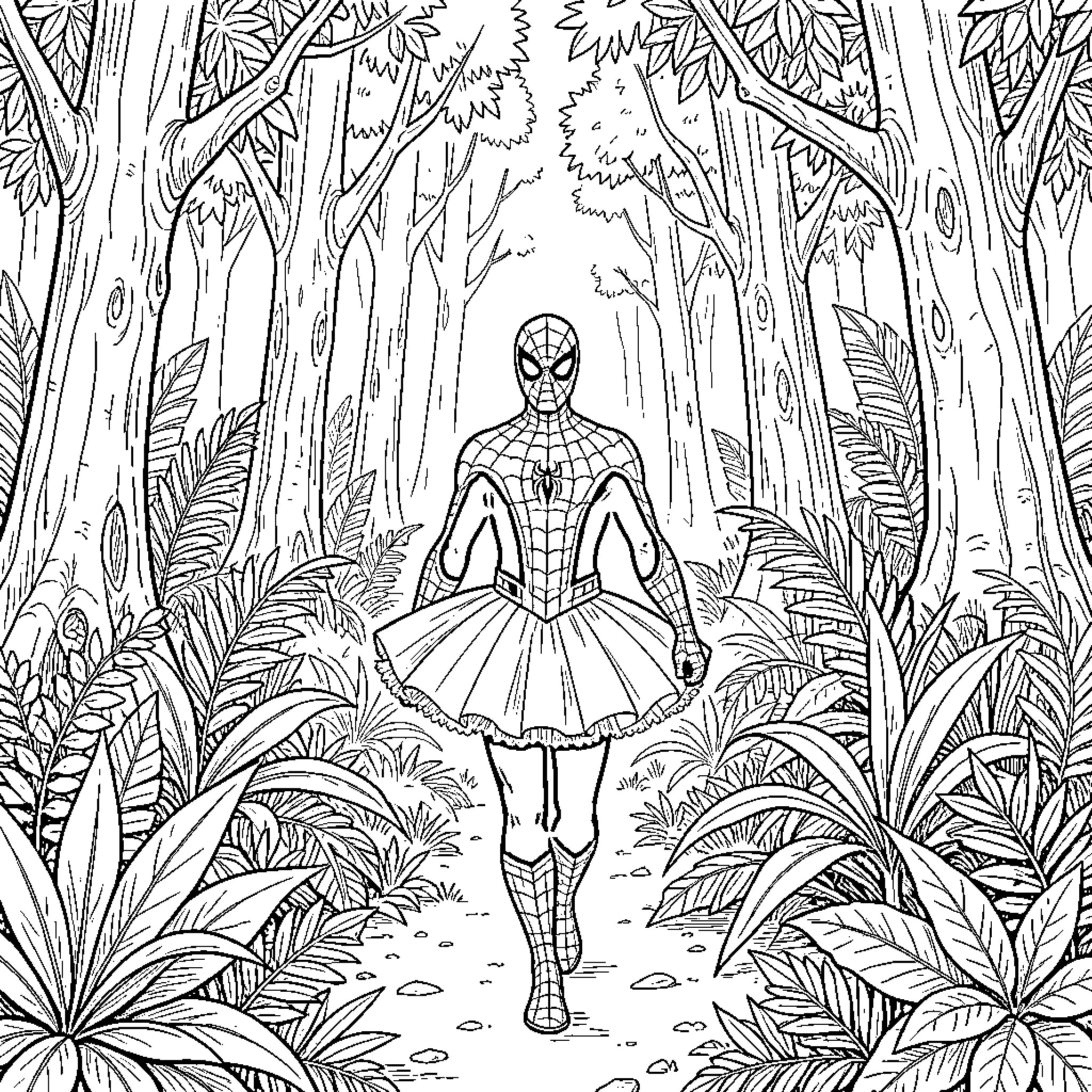 Spiderman wearing a tutu walking through a forest Coloring Page (free black-and-white line drawing printable PDF for all, from beginners to advanced learners, including children, teens, adults, and seniors)