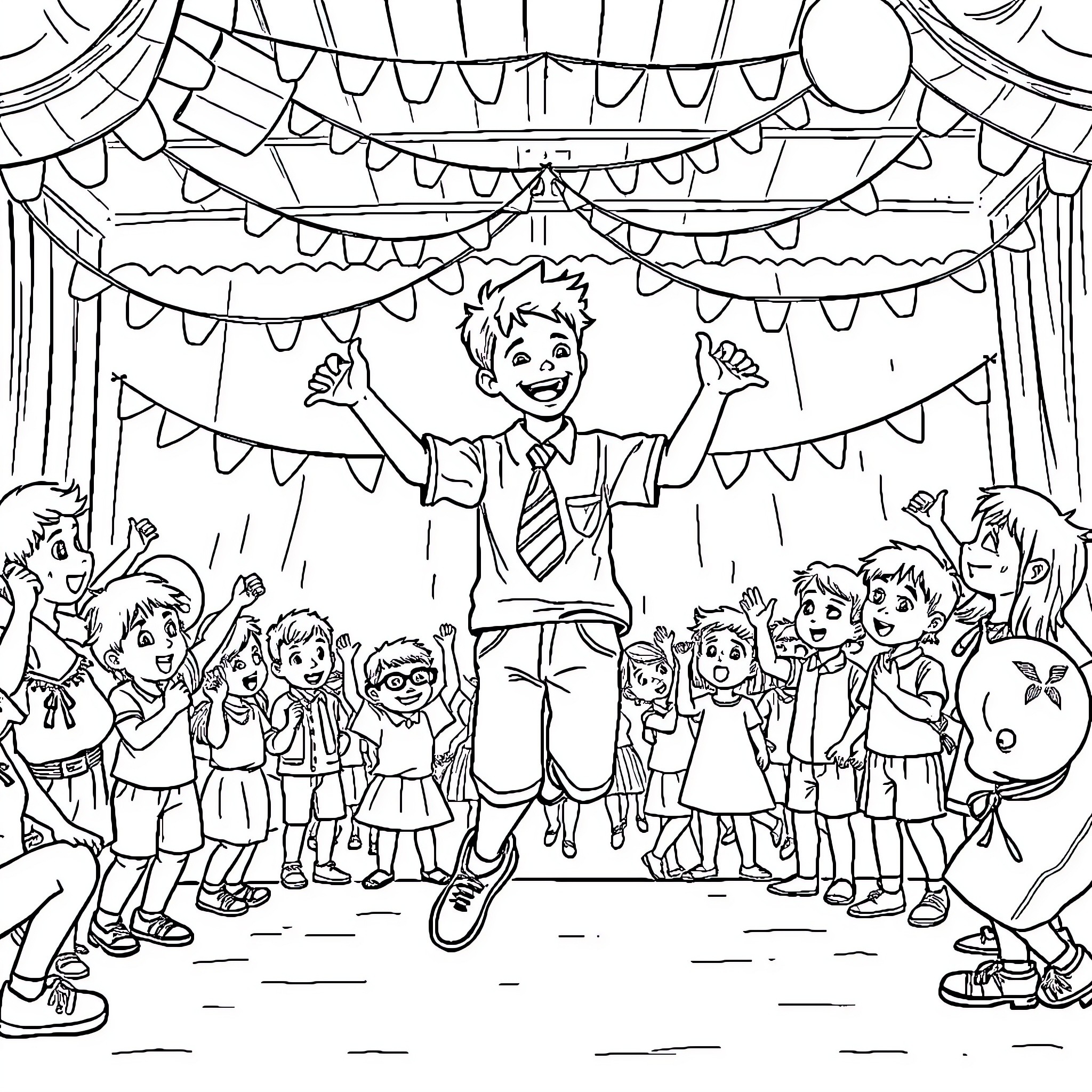 Boy celebrating at a party with friends Coloring Page (free black-and-white line drawing printable PDF for all, from beginners to advanced learners, including children, teens, adults, and seniors)