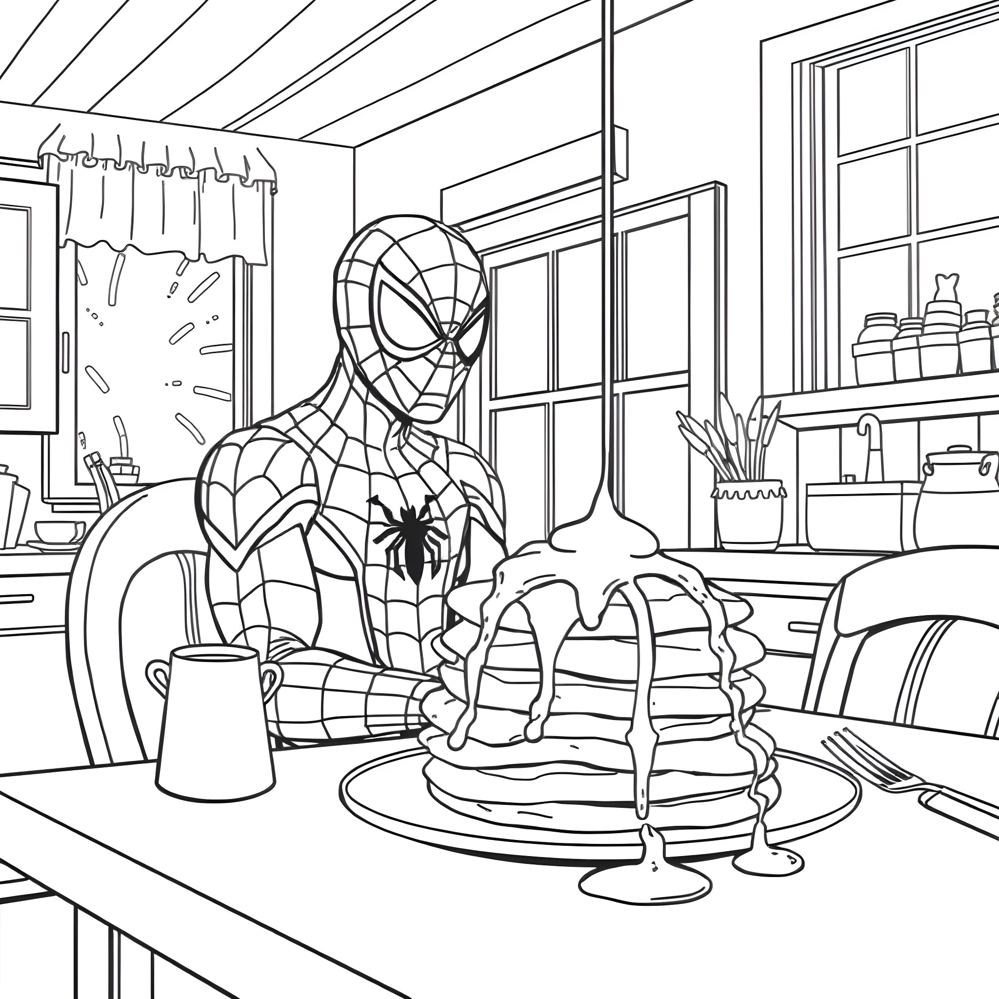 Spiderman enjoying a tasty breakfast at home Coloring Page (free black-and-white line drawing printable PDF for all, from beginners to advanced learners, including children, teens, adults, and seniors)