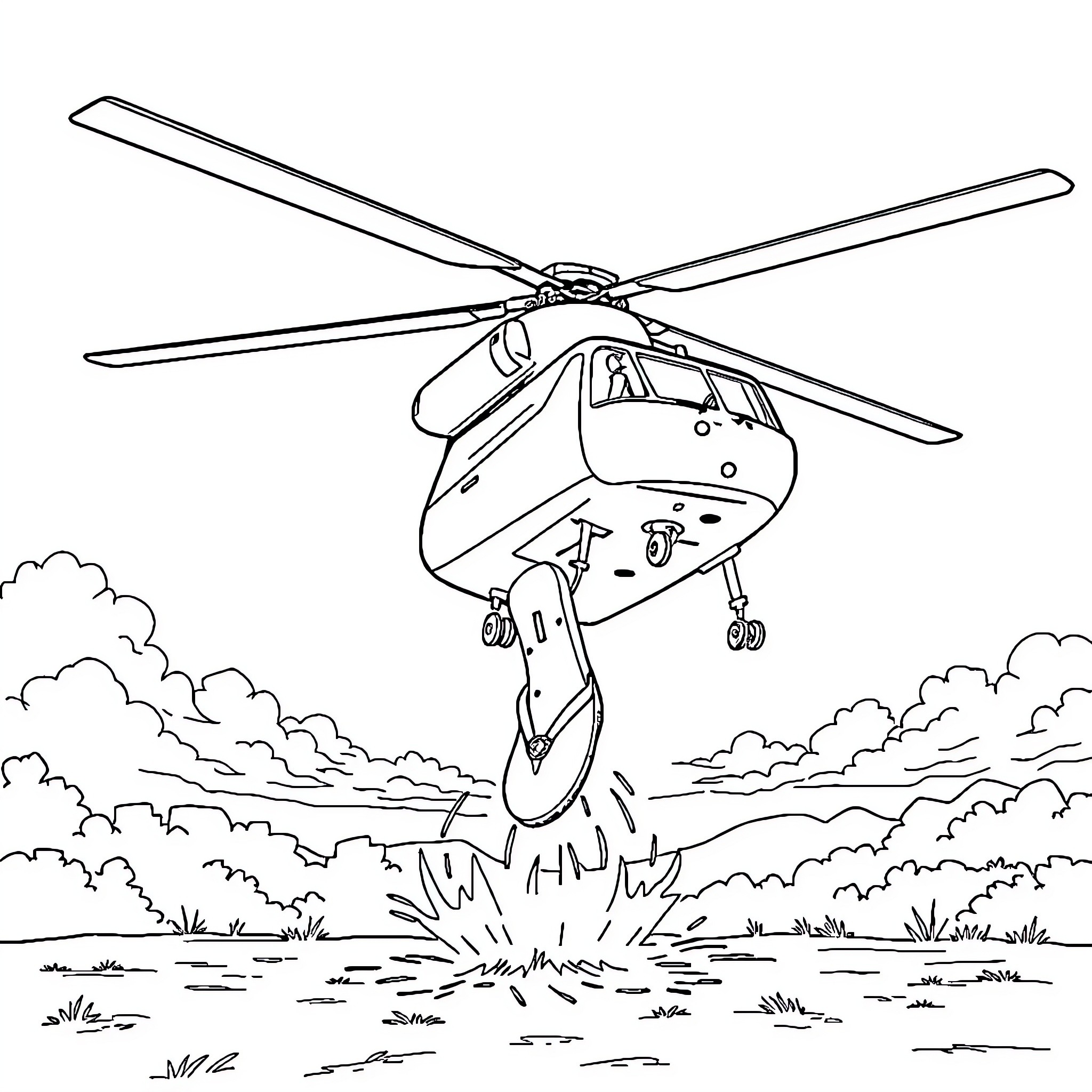 Chinook helicopter rescuing person from wilderness Coloring Page (free black-and-white line drawing printable PDF for all, from beginners to advanced learners, including children, teens, adults, and seniors)