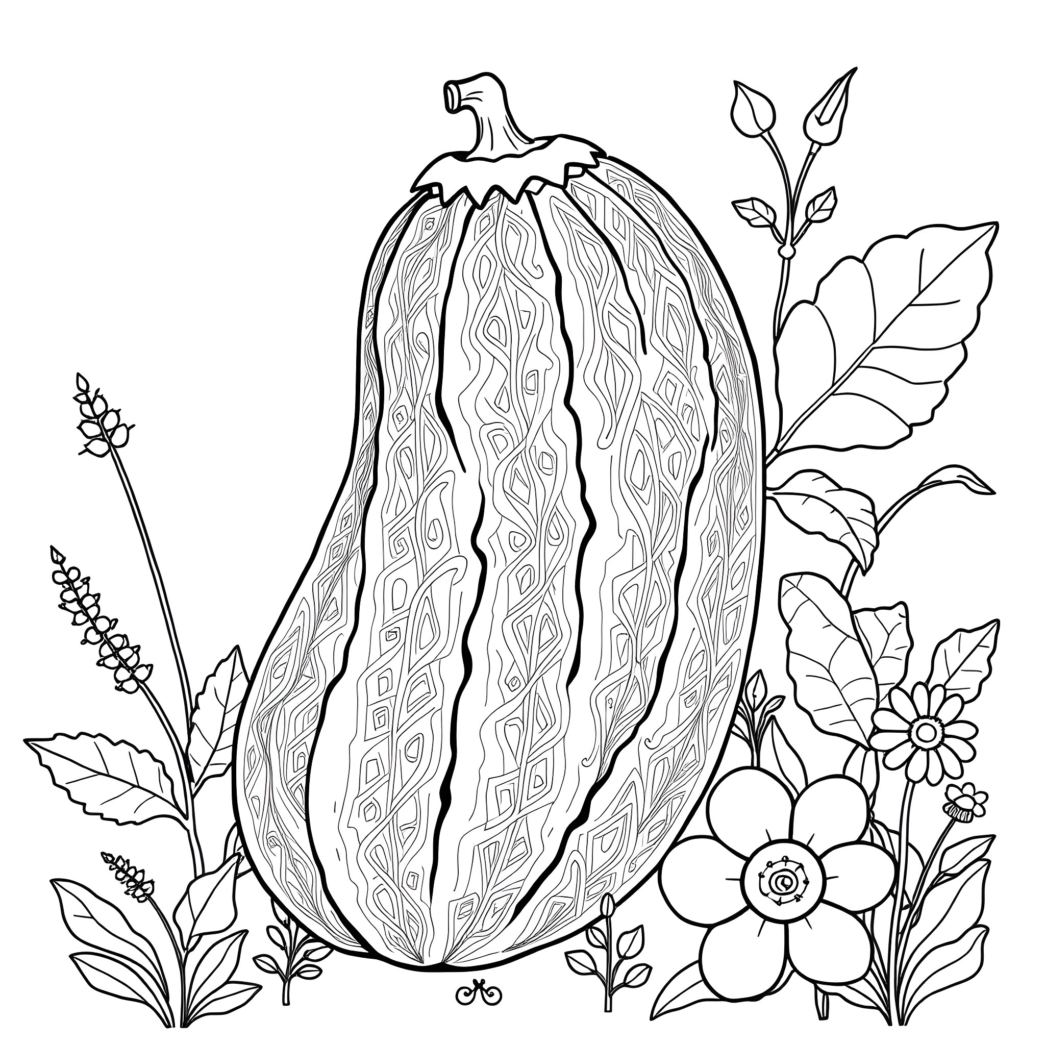 Cucumber surrounded by whimsical floral illustrations Coloring Page (free black-and-white line drawing printable PDF for all, from beginners to advanced learners, including children, teens, adults, and seniors)