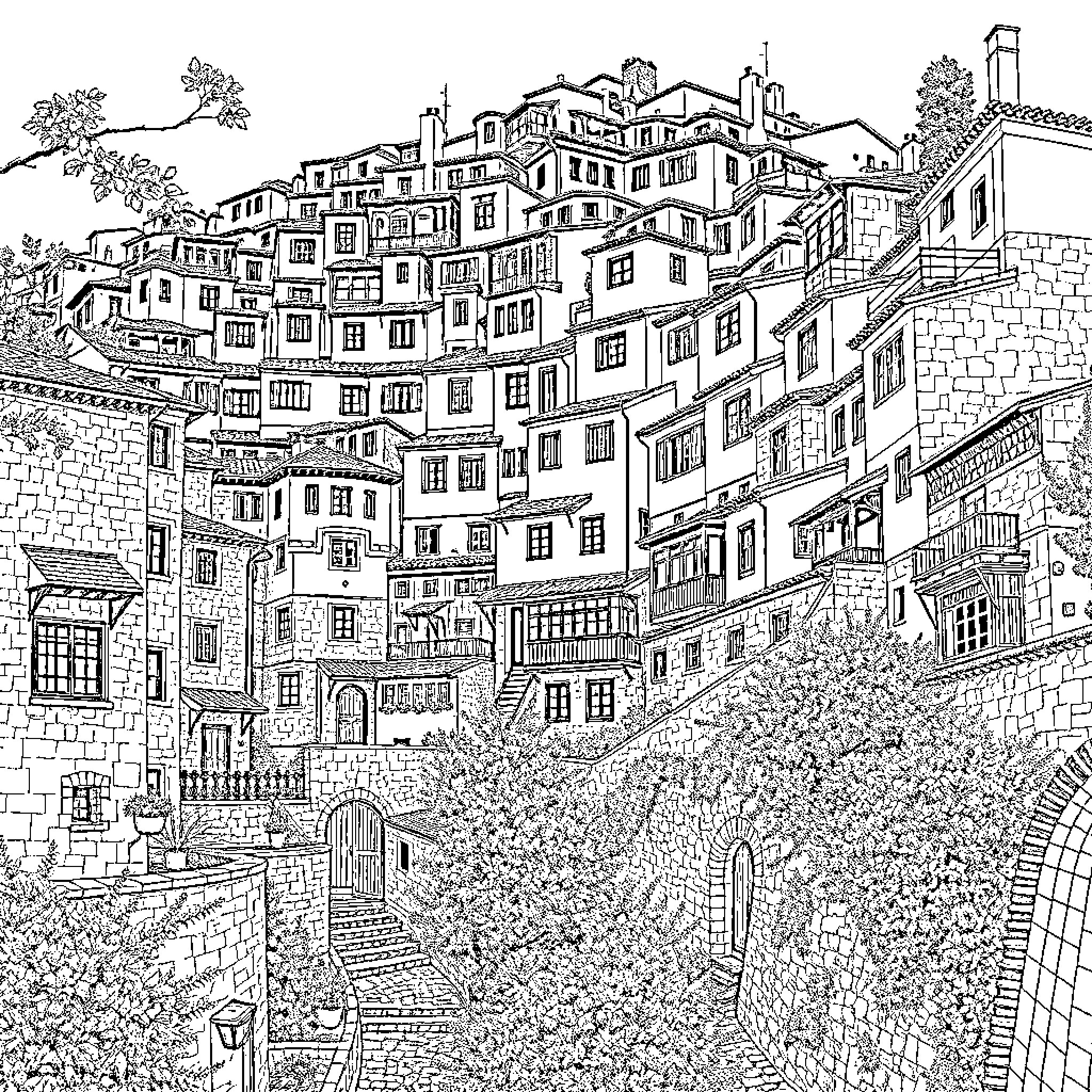 House on a Picturesque Hillside Town Coloring Page (free black-and-white line drawing printable PDF for all, from beginners to advanced learners, including children, teens, adults, and seniors)