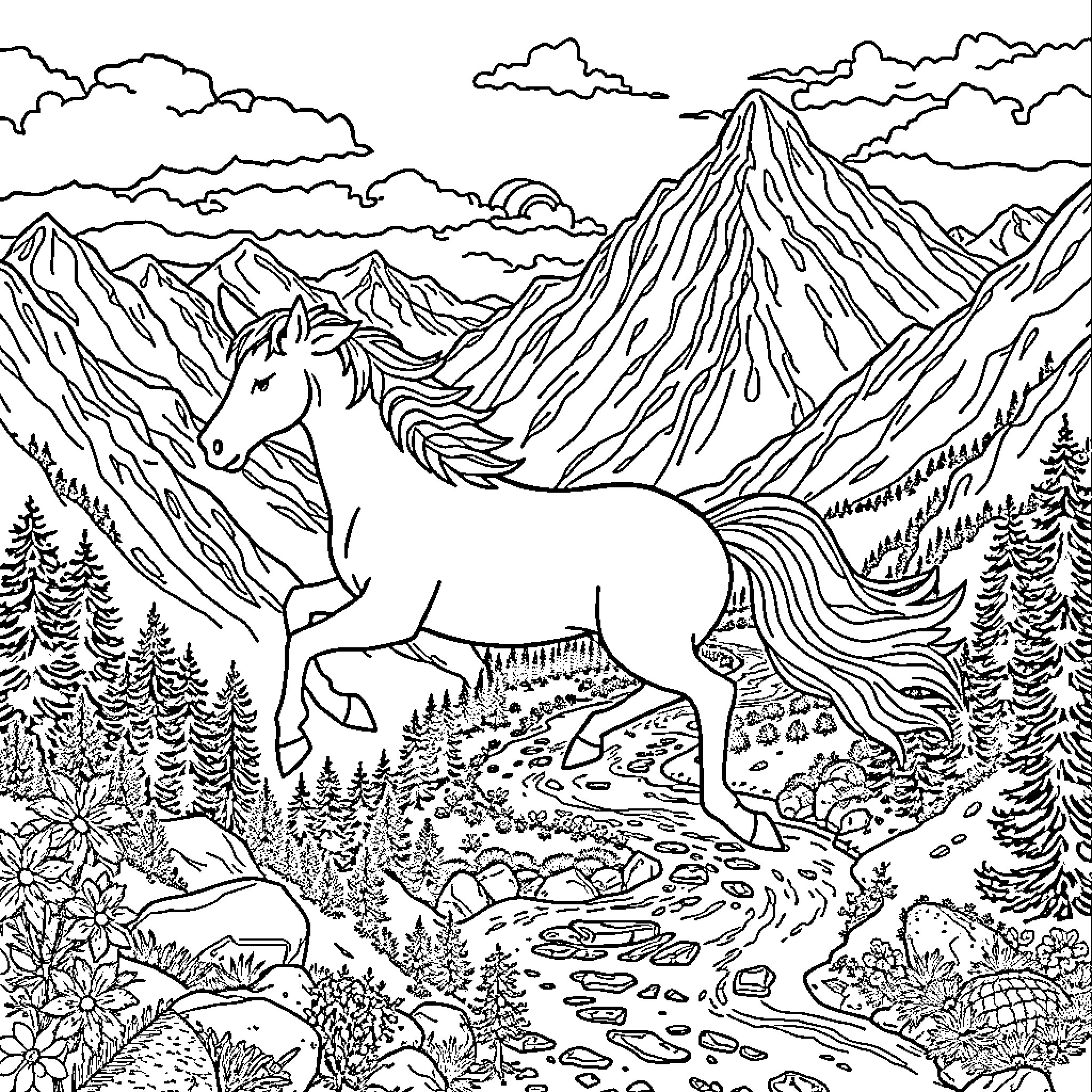 Unicorn galloping through majestic mountain landscape Coloring Page (free black-and-white line drawing printable PDF for all, from beginners to advanced learners, including children, teens, adults, and seniors)