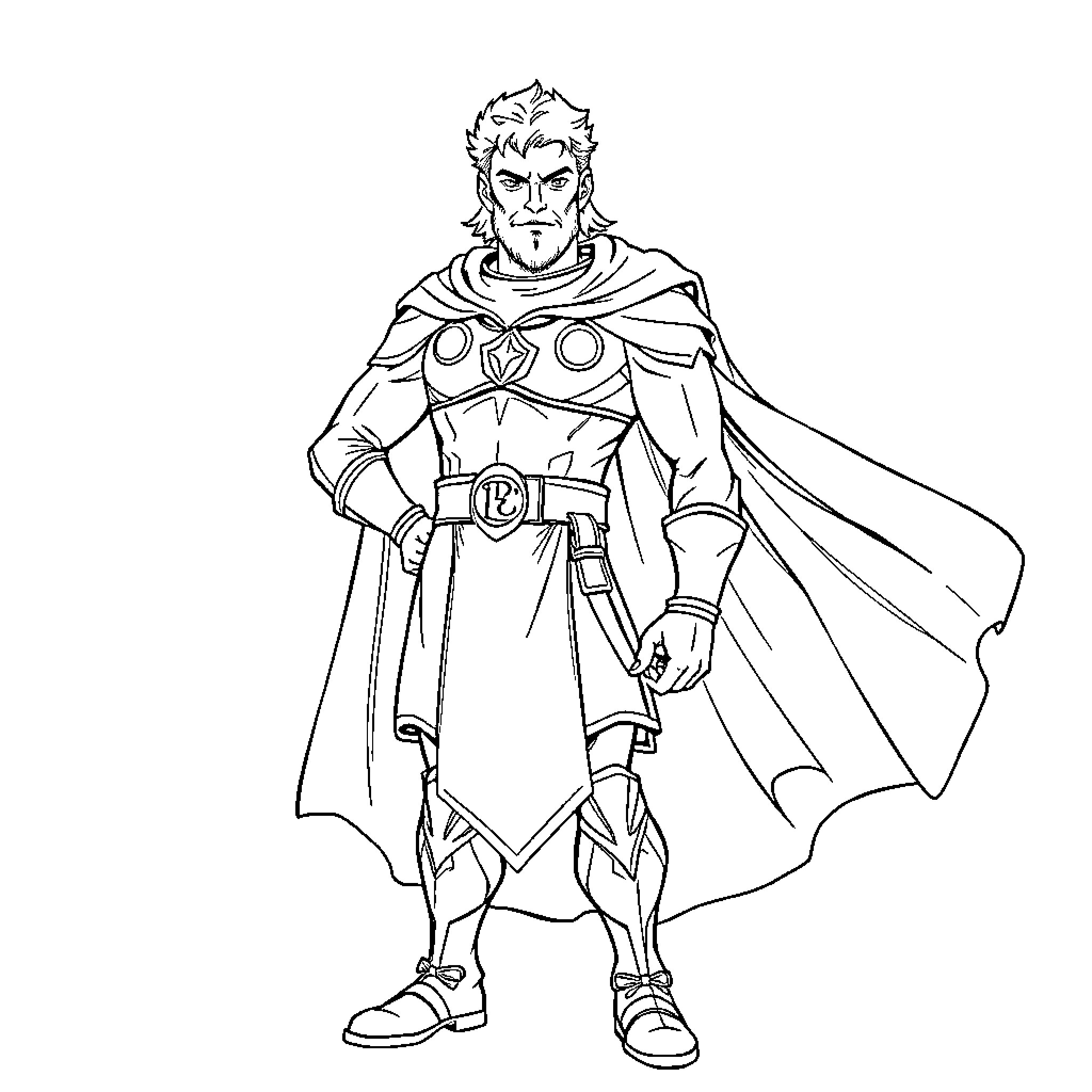 Leon, the Heroic Sorcerer in Commanding Attire Coloring Page (free black-and-white line drawing printable PDF for all, from beginners to advanced learners, including children, teens, adults, and seniors)