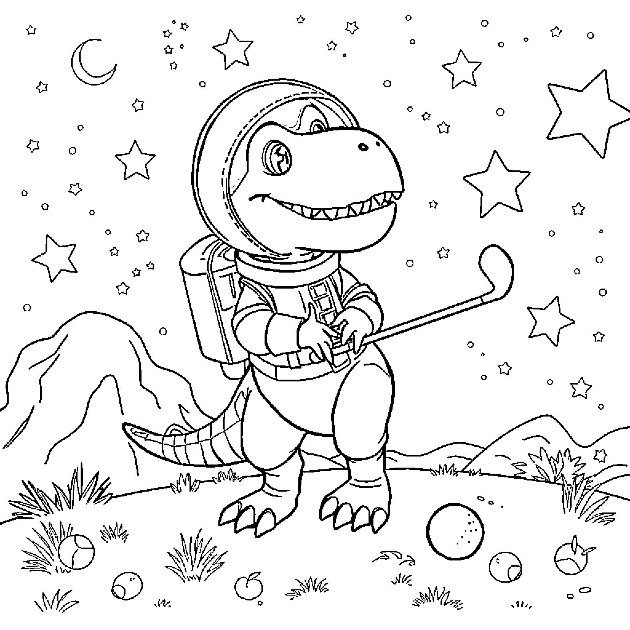 Dinosaur astronaut exploring the galaxy at night Coloring Page (free black-and-white line drawing printable PDF for all, from beginners to advanced learners, including children, teens, adults, and seniors)