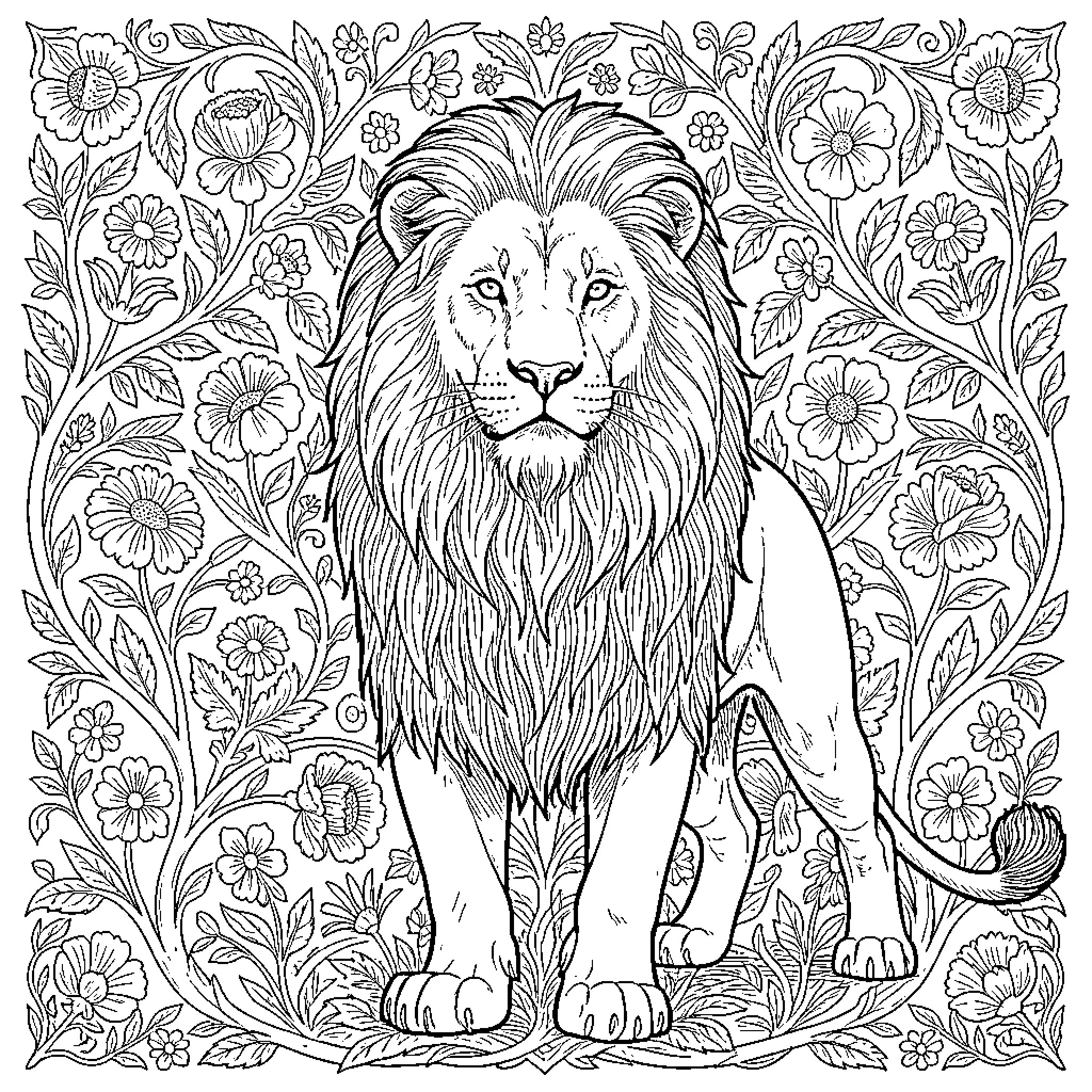 Lion in a floral garden Coloring Page (free black-and-white line drawing printable PDF for all, from beginners to advanced learners, including children, teens, adults, and seniors)