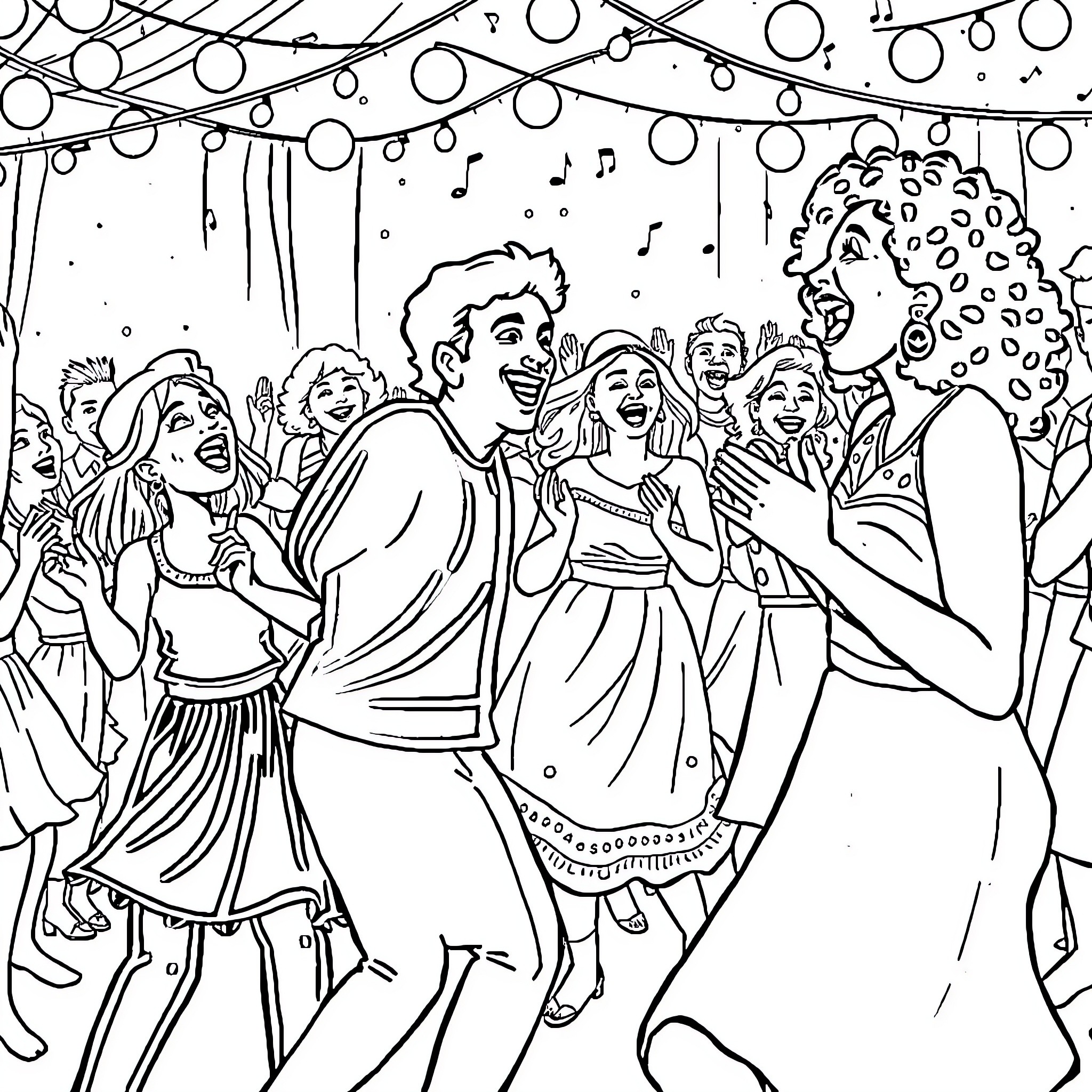Con Tralalero: Lively Party with Dancers and Festive Decorations Coloring Page (free black-and-white line drawing printable PDF for all, from beginners to advanced learners, including children, teens, adults, and seniors)