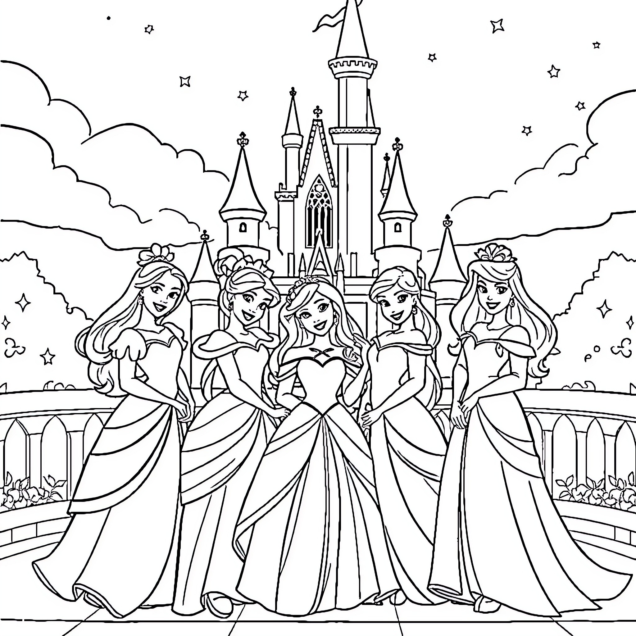 Princess Gathering in Enchanted Castle Grounds Coloring Page (free black-and-white line drawing printable PDF for all, from beginners to advanced learners, including children, teens, adults, and seniors)