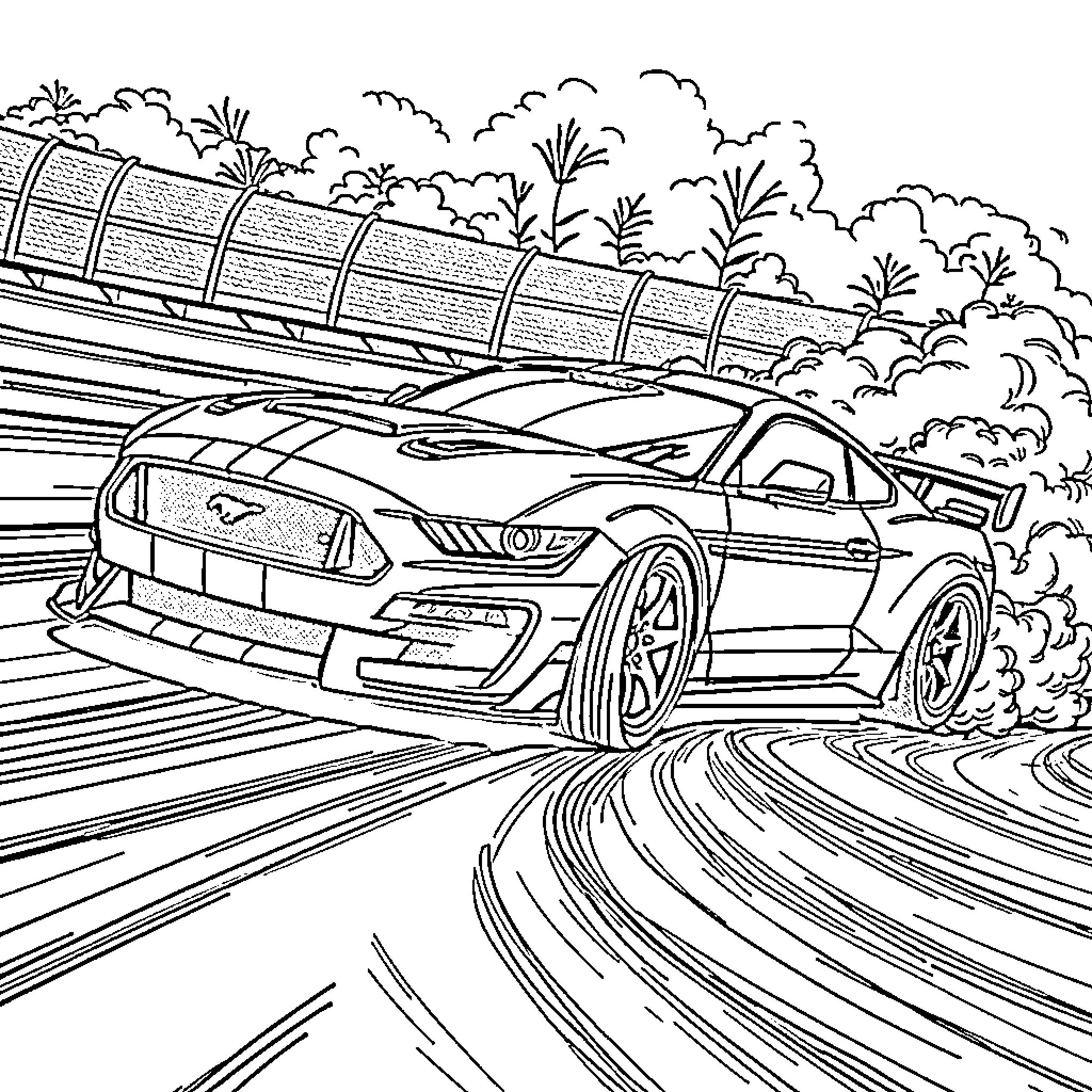 Mustang racing on the track through the trees Coloring Page (free black-and-white line drawing printable PDF for all, from beginners to advanced learners, including children, teens, adults, and seniors)