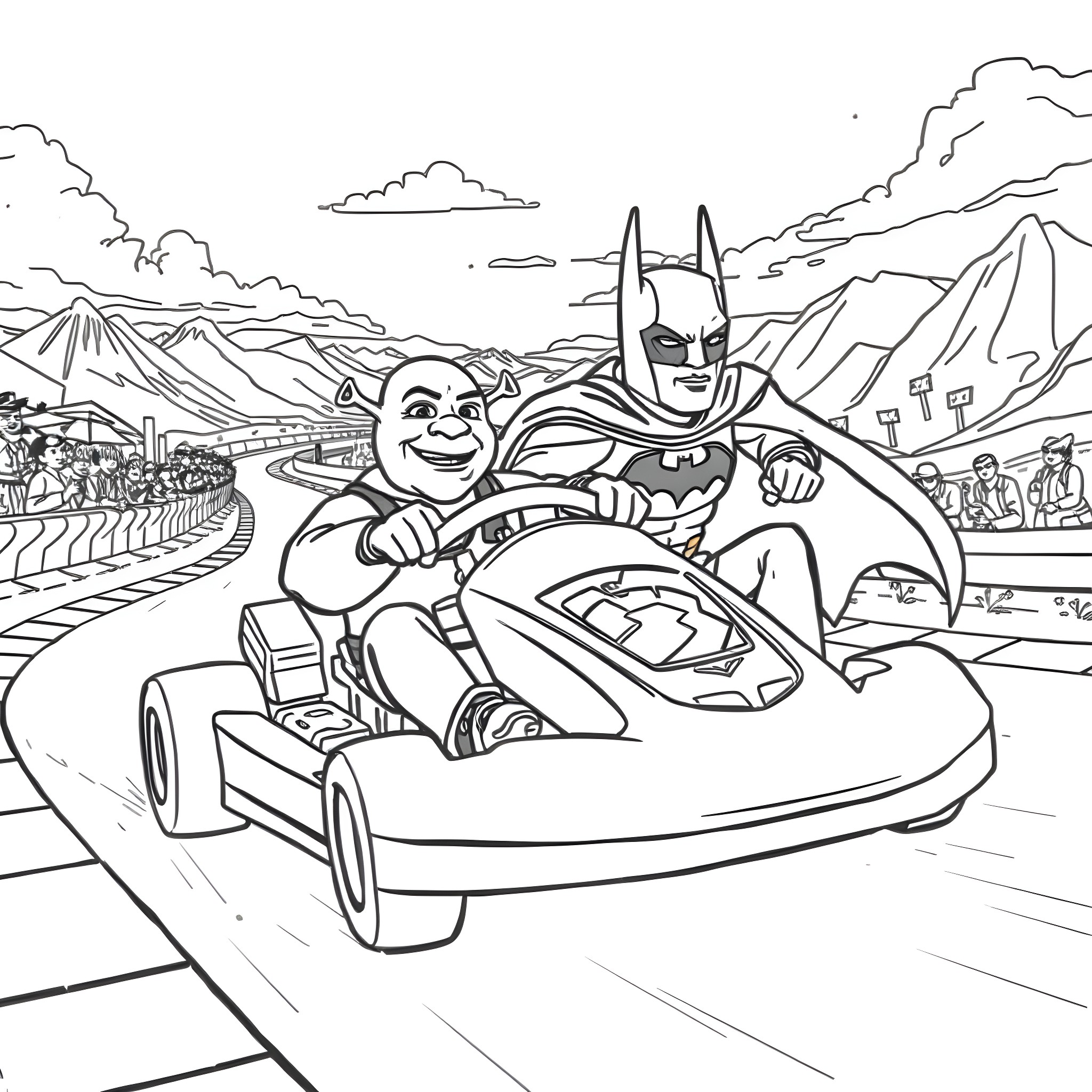 Shrek and Batman go for a joyride in their vehicle Coloring Page (free black-and-white line drawing printable PDF for all, from beginners to advanced learners, including children, teens, adults, and seniors)