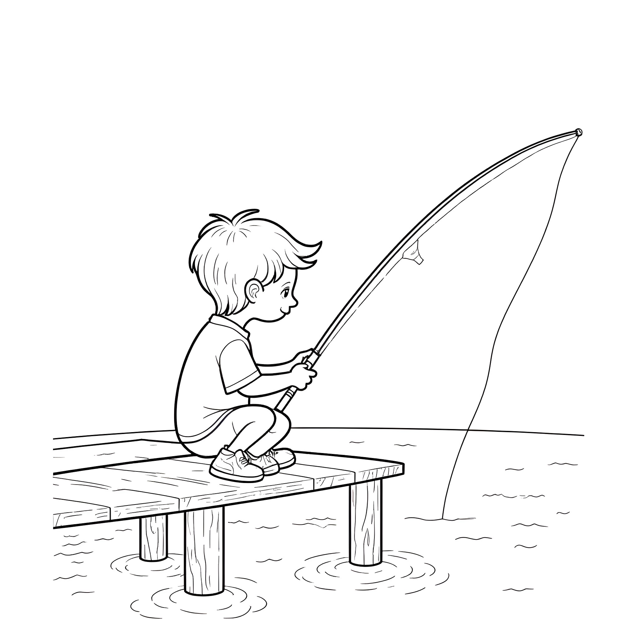 Child fishing on a wooden dock Coloring Page (free black-and-white line drawing printable PDF for all, from beginners to advanced learners, including children, teens, adults, and seniors)