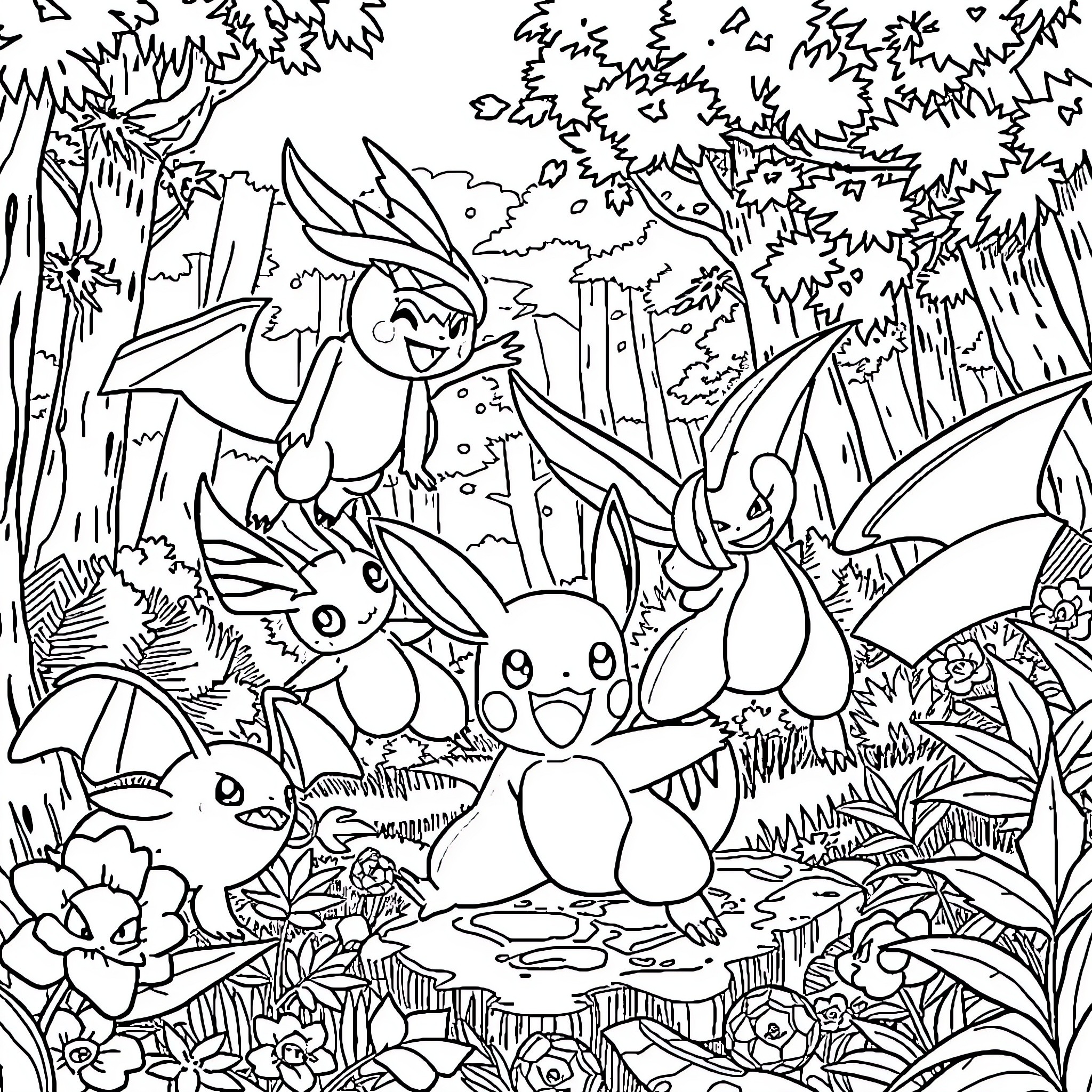 Pokémon adventure in the forest Coloring Page (free black-and-white line drawing printable PDF for all, from beginners to advanced learners, including children, teens, adults, and seniors)