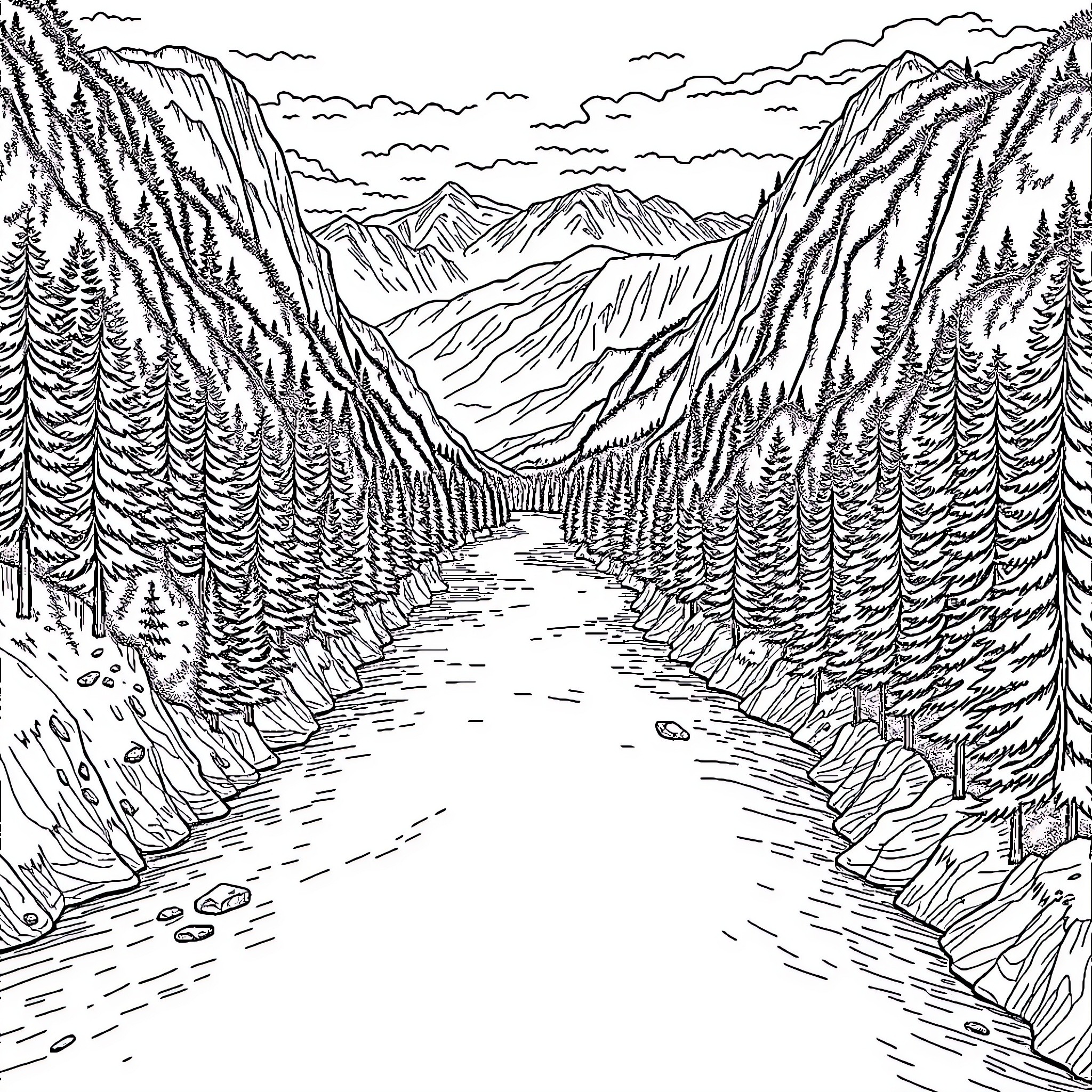 River Running Through Mountainous Wilderness Coloring Page (free black-and-white line drawing printable PDF for all, from beginners to advanced learners, including children, teens, adults, and seniors)