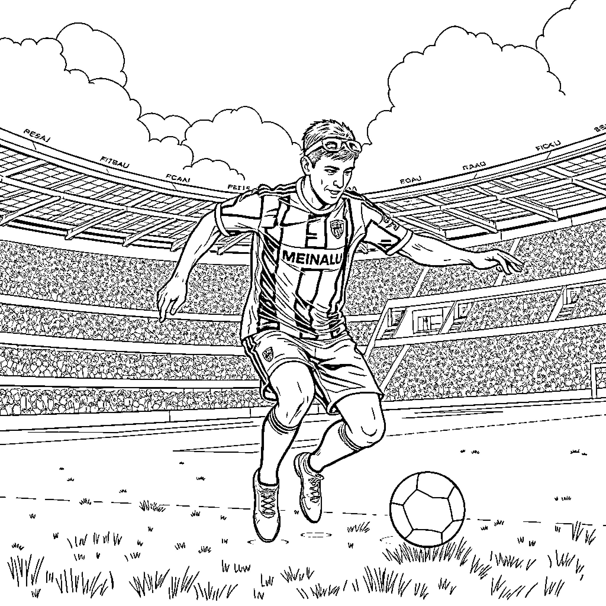 Dimitri Lienard kicking soccer ball on stadium field Coloring Page (free black-and-white line drawing printable PDF for all, from beginners to advanced learners, including children, teens, adults, and seniors)