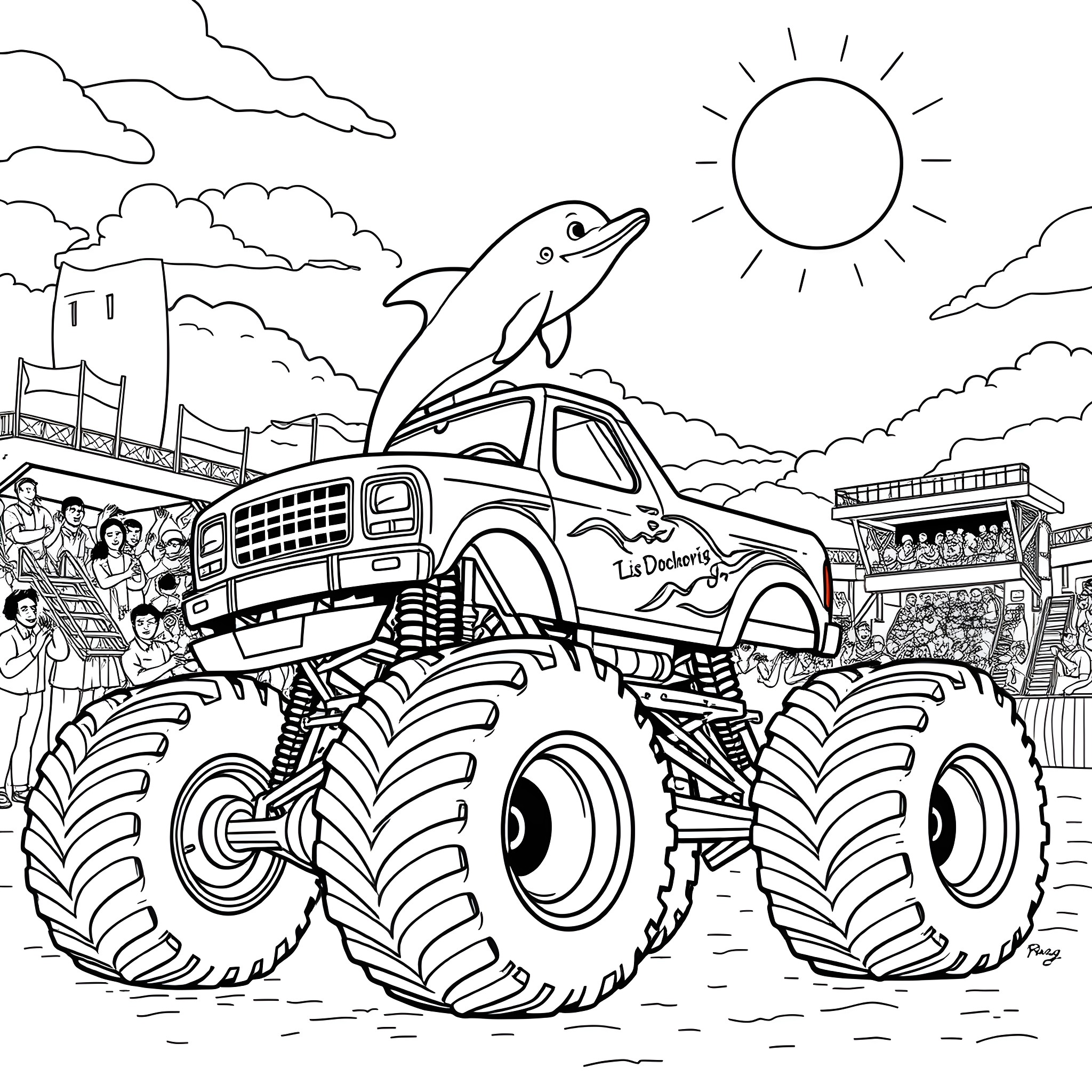 Dolphin riding on a monster truck at the arena Coloring Page (free black-and-white line drawing printable PDF for all, from beginners to advanced learners, including children, teens, adults, and seniors)
