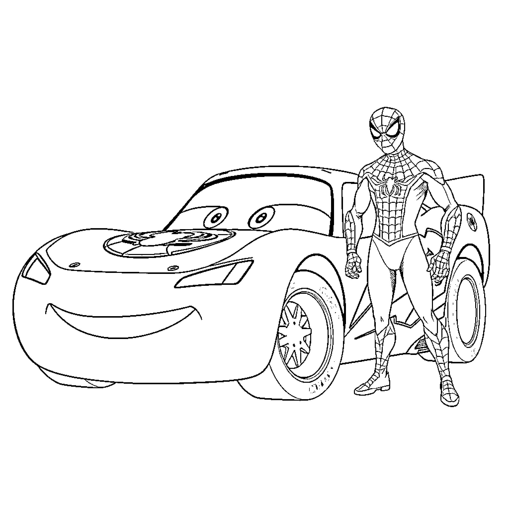 Flash McQueen and Spider-Man team up for an adventure Coloring Page (free black-and-white line drawing printable PDF for all, from beginners to advanced learners, including children, teens, adults, and seniors)