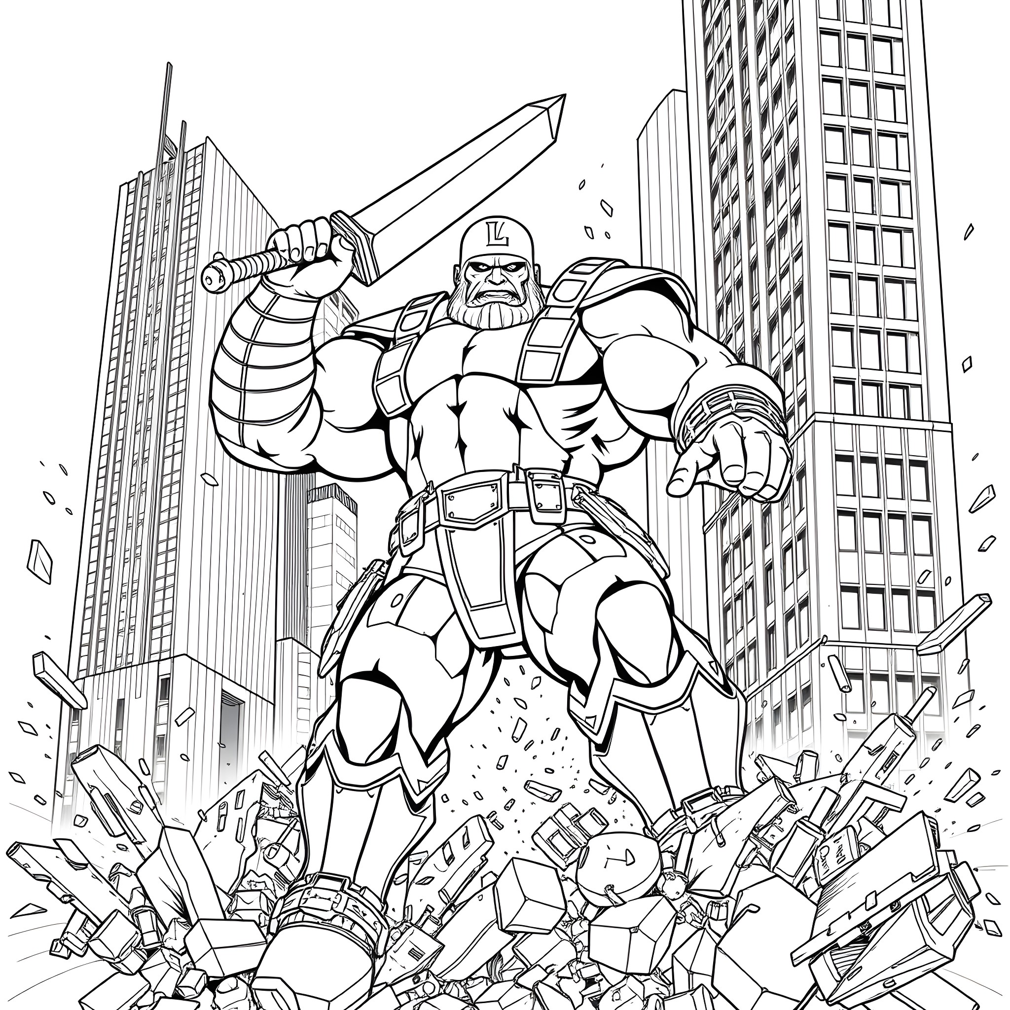 Juggernaut's Destructive Rampage in the City Coloring Page (free black-and-white line drawing printable PDF for all, from beginners to advanced learners, including children, teens, adults, and seniors)